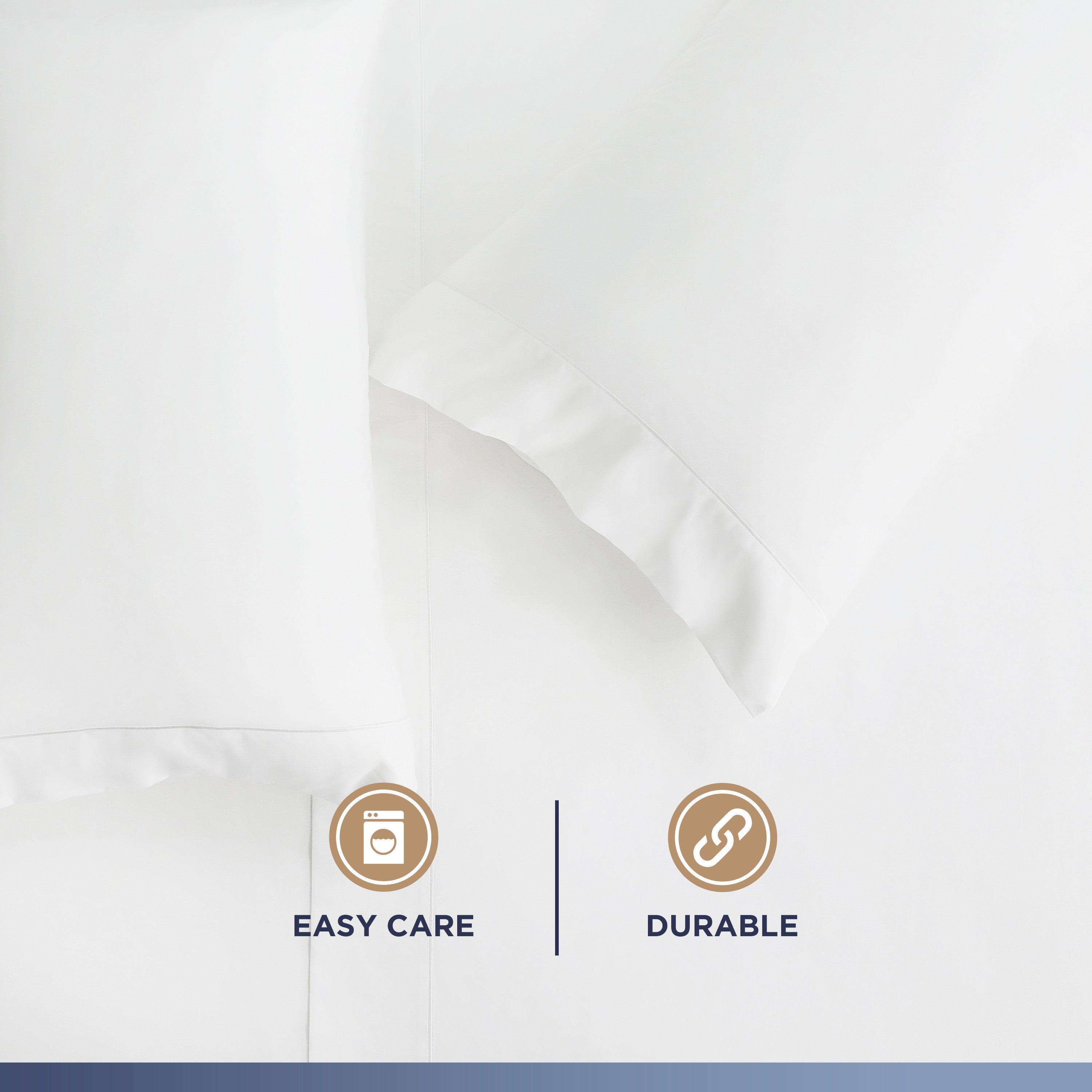White Supima cotton sheet set with ruffled pillowcases, featuring easy care and durability icons.