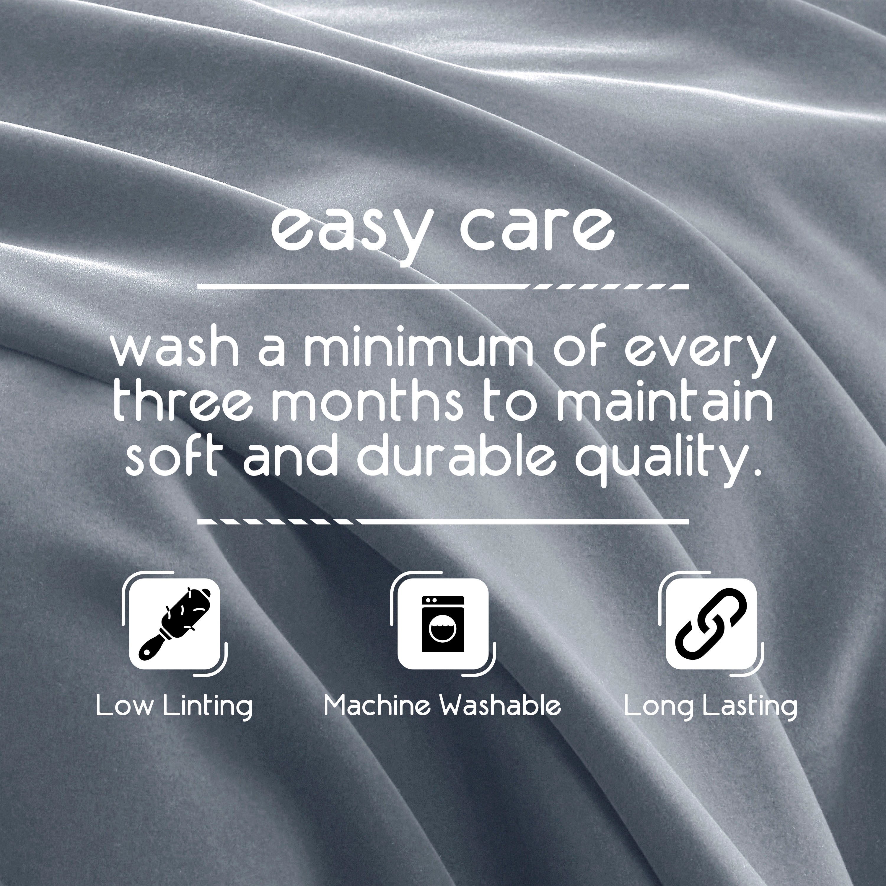 Text on a soft, gray fabric background detailing care instructions for a blanket, including washing frequency and features.