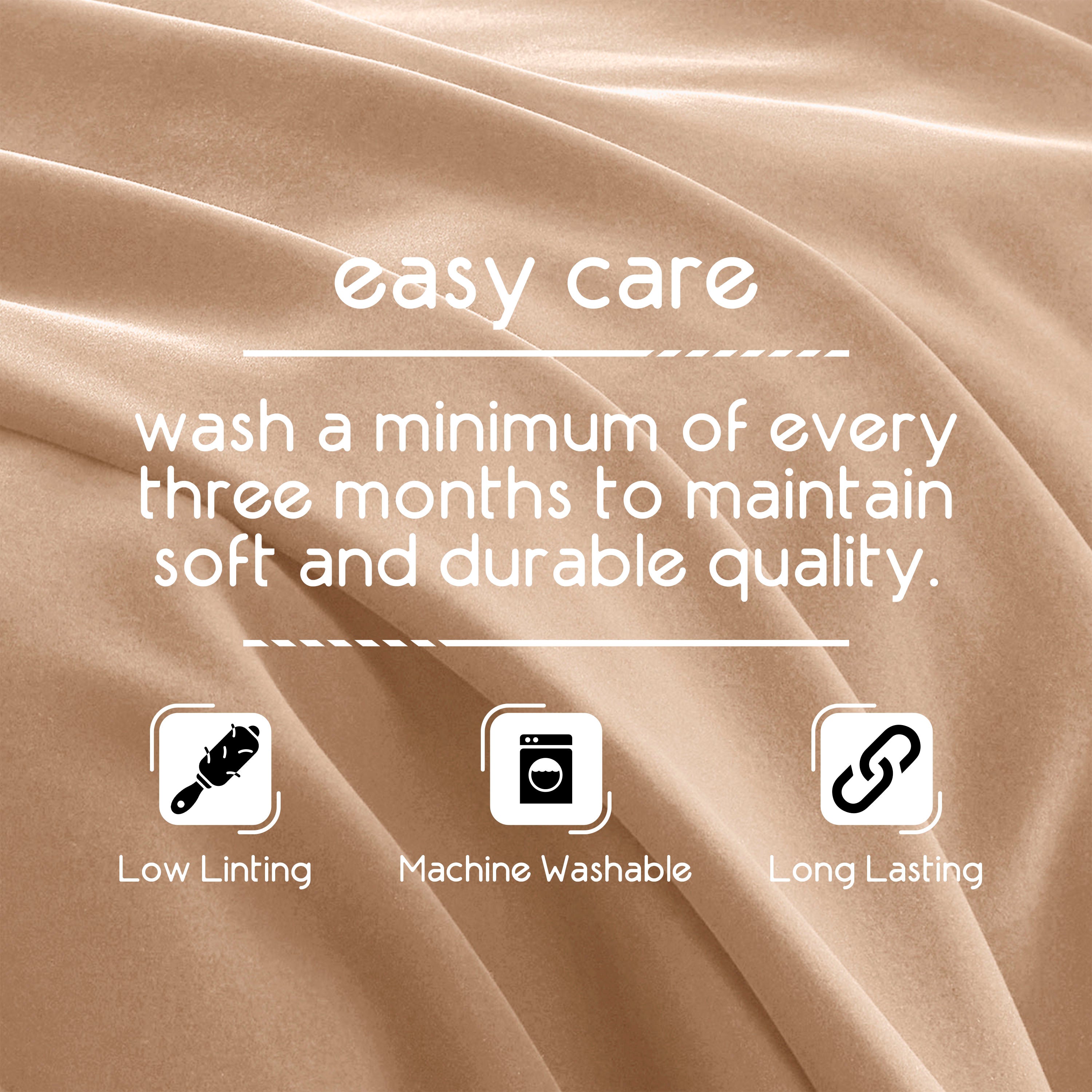 Care instructions for a soft, durable blanket, emphasizing low linting, machine washability, and long-lasting quality.