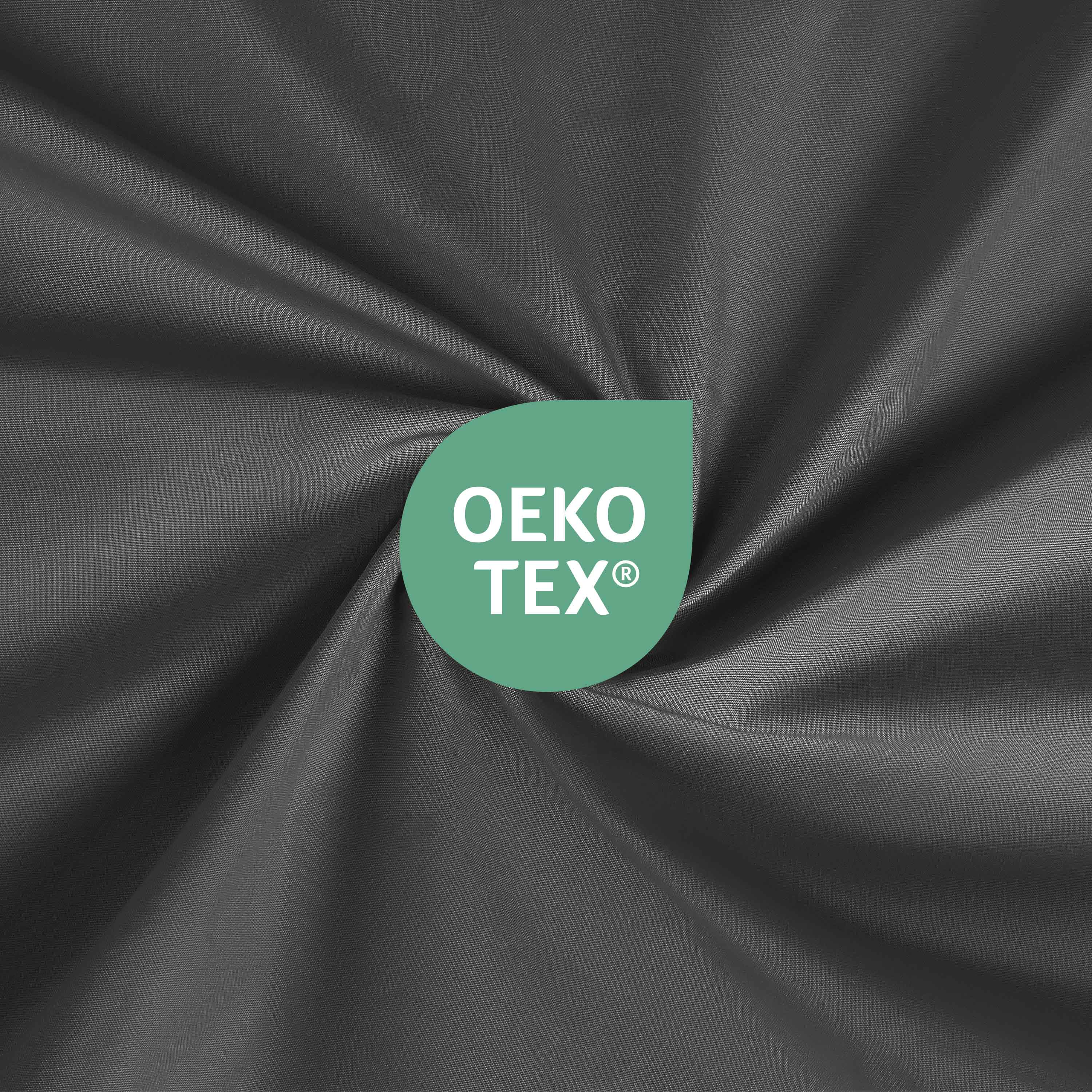 Dark gray fabric with a smooth texture featuring an Oeko-Tex certification logo.