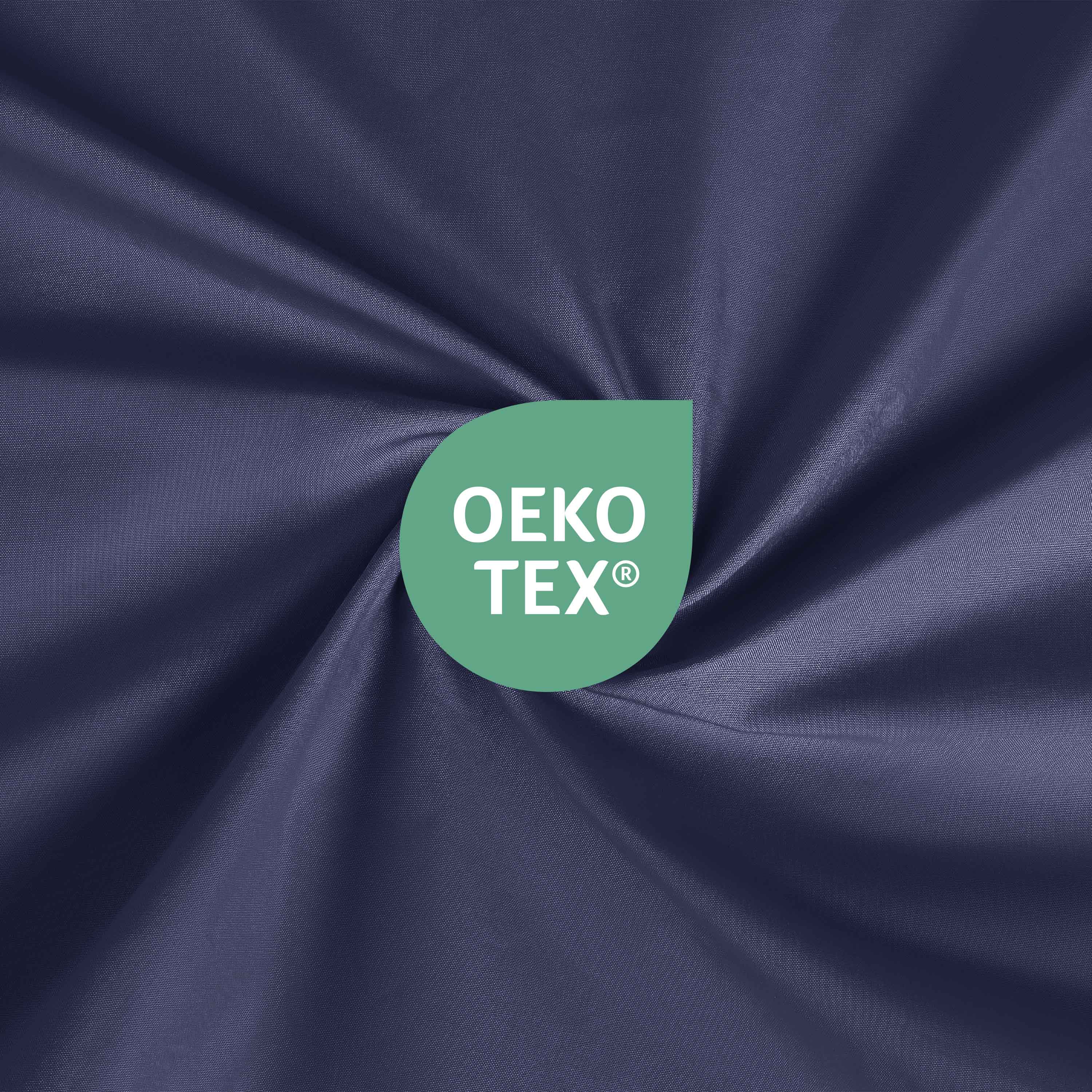 Navy fabric with a smooth texture featuring an Oeko-Tex certification logo.