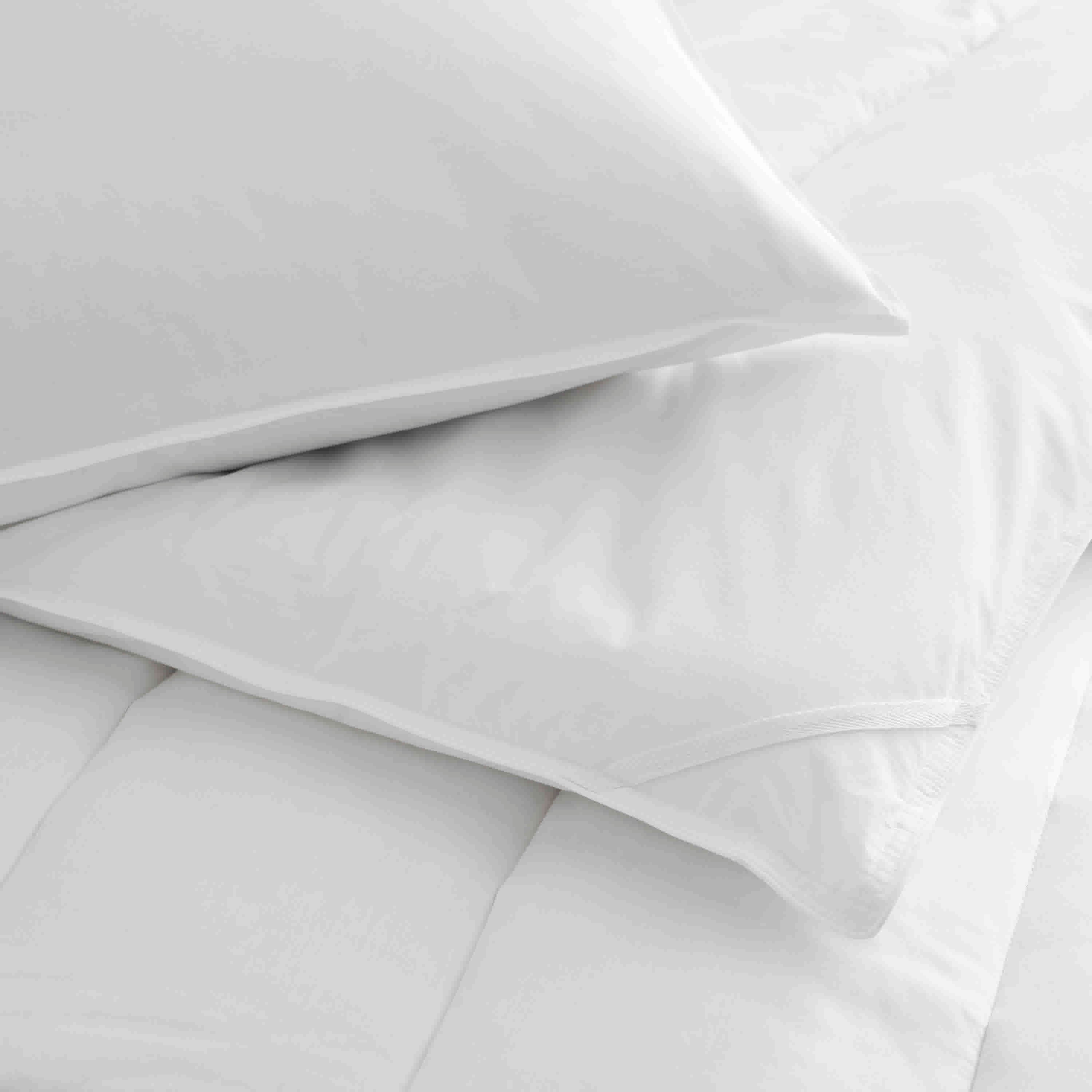 Standard white pillow and pillow protector set stacked on a soft surface.