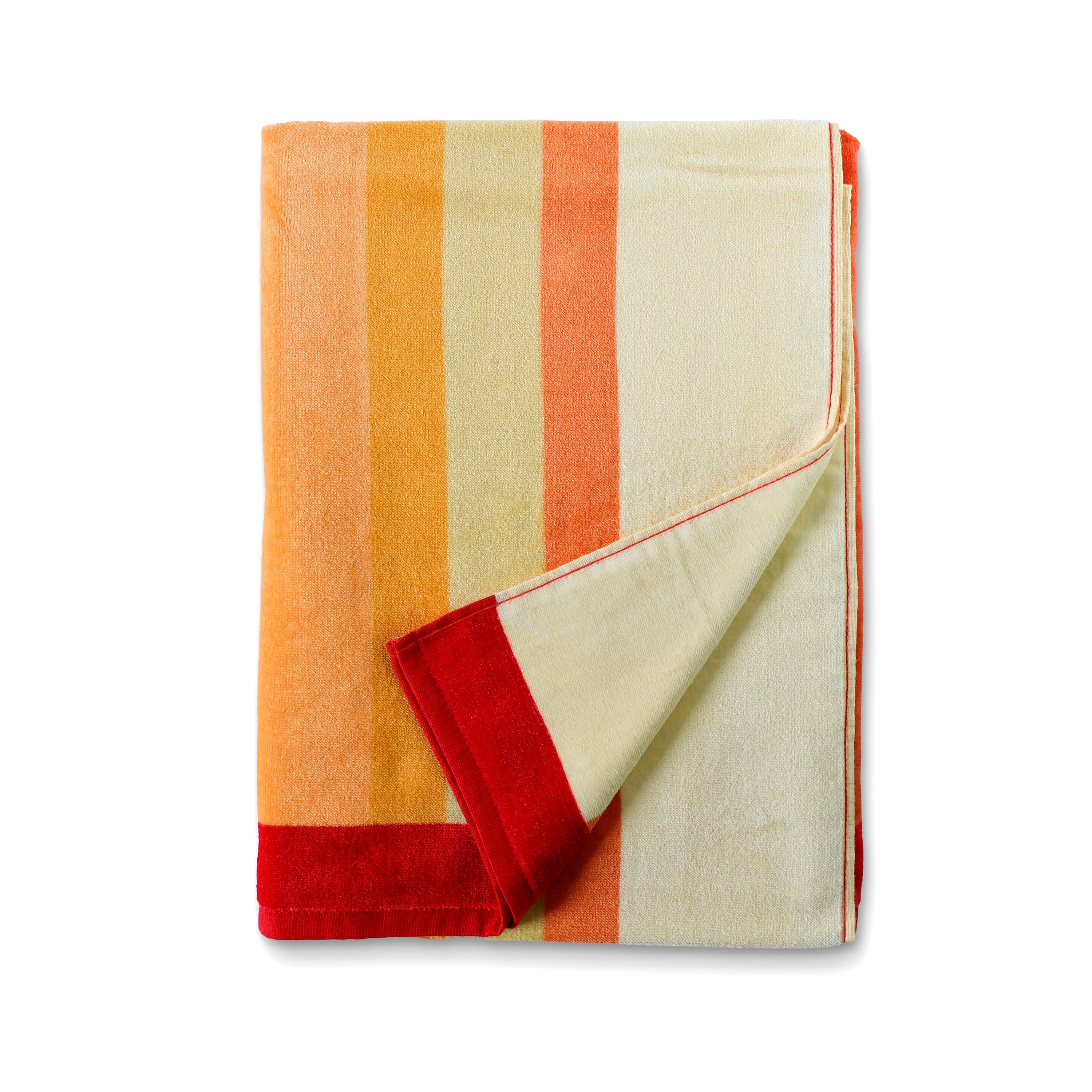Striped towel with orange, red, and beige colors on a white background