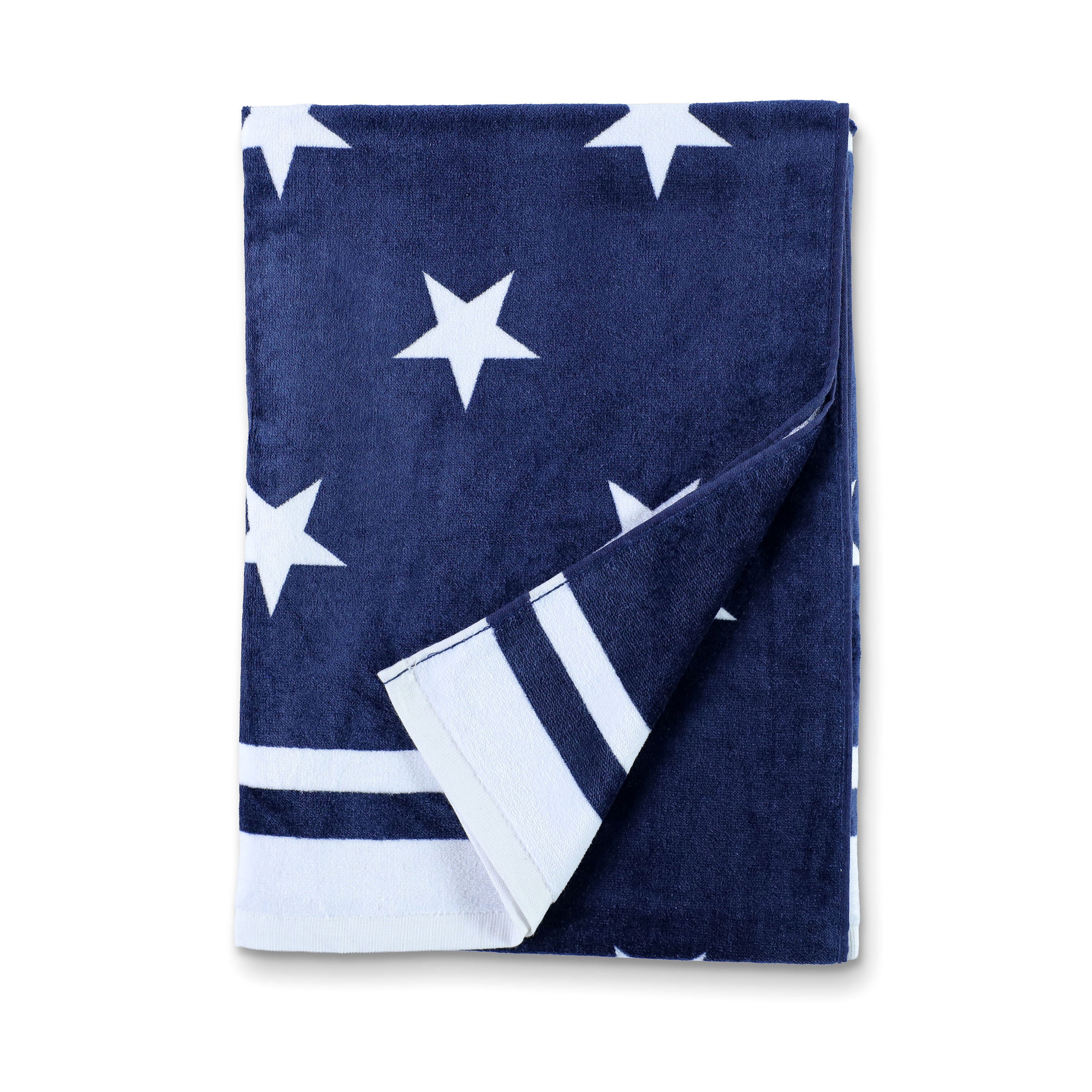 Navy blue towel with white star pattern on a white background