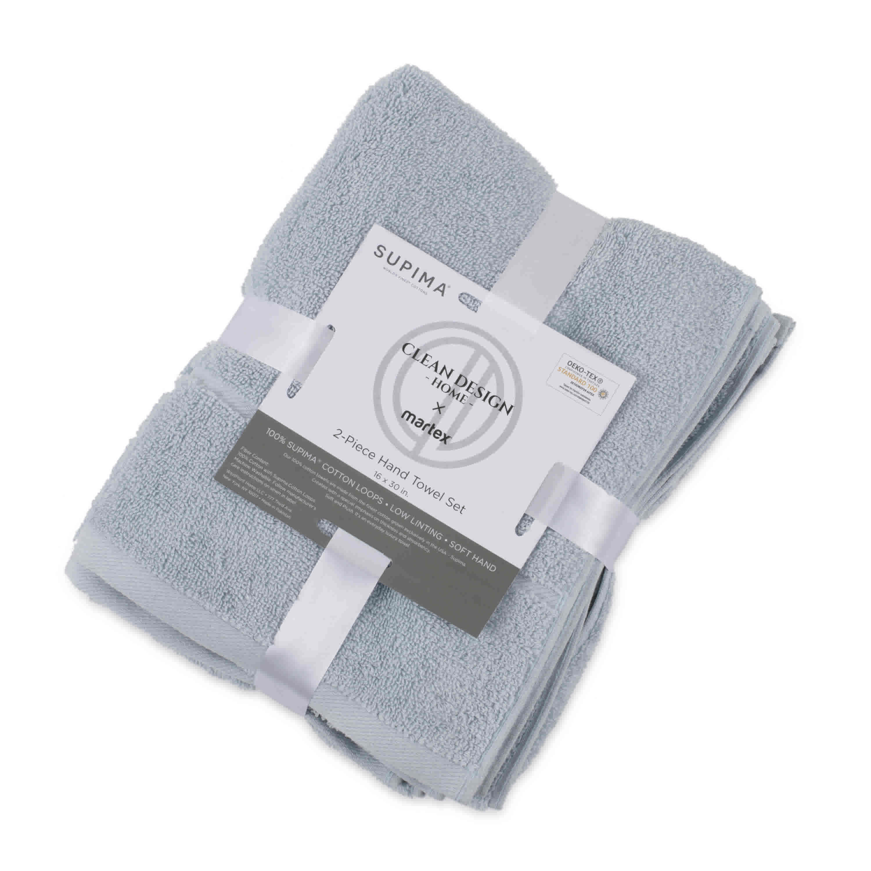 Two soft, light blue hand towels stacked and secured with a white ribbon and label.