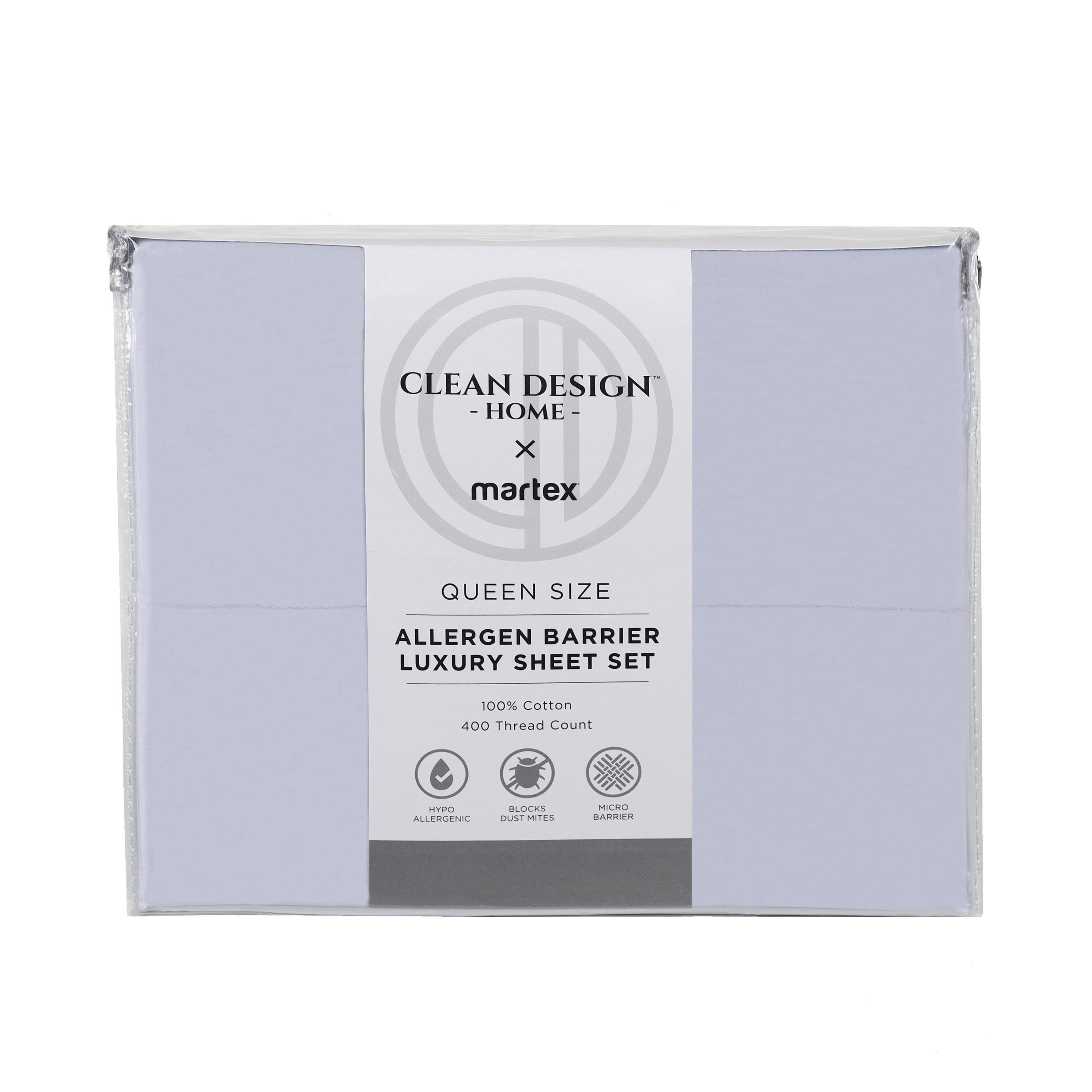 Queen size sheet set packaging with allergen barrier, 400 thread count, and 100% cotton material.
