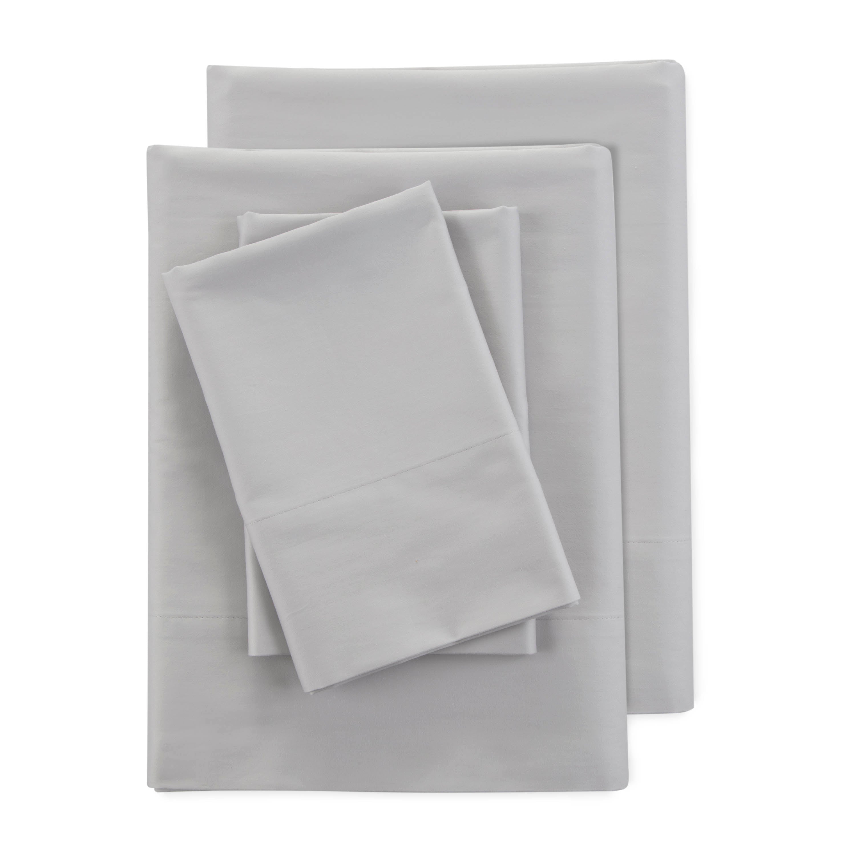Four-piece sheet set in light gray, featuring a flat sheet, fitted sheet, and two pillowcases.