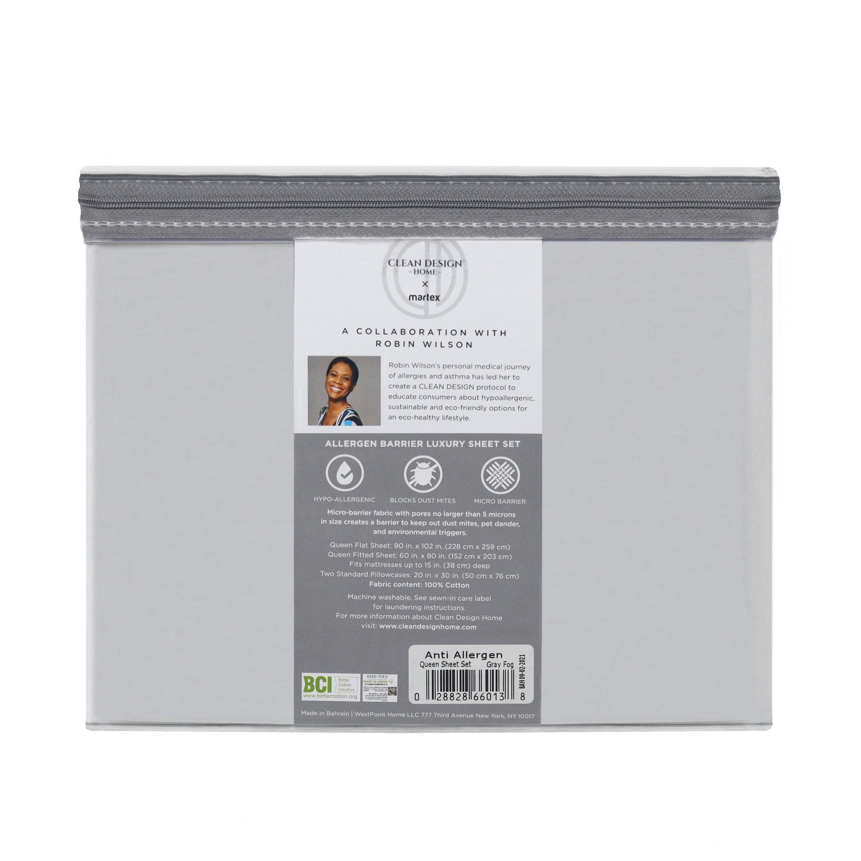 Gray packaging for a 400 thread count allergen barrier sheet set, featuring product details and care instructions on the back