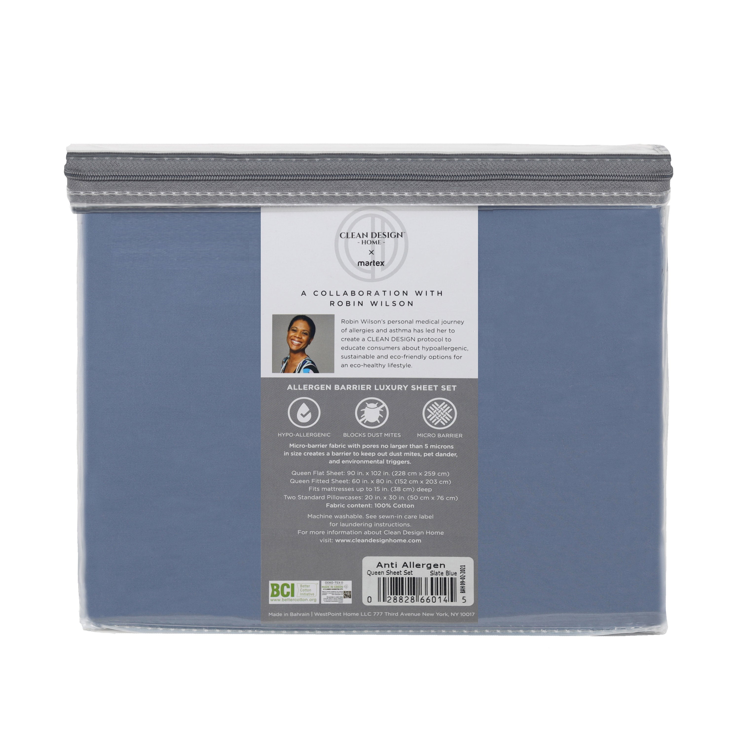 Sheet set packaging featuring a blue cover with product details and allergen barrier information on the back.