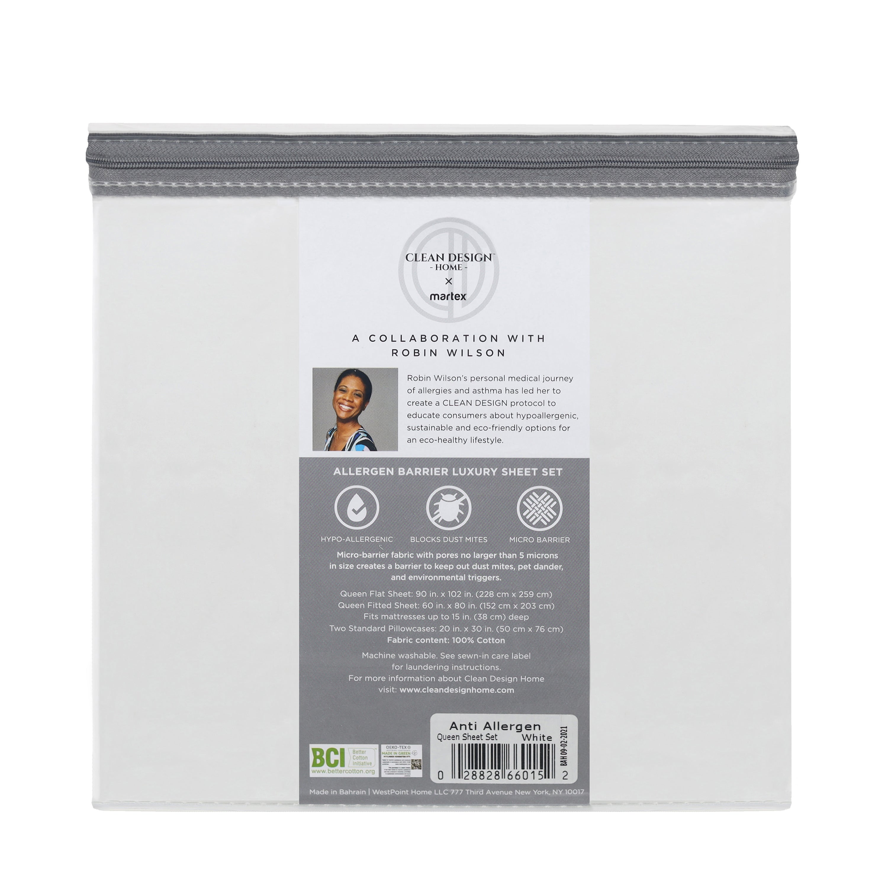 Sheet set packaging featuring allergen barrier information and care instructions, with a photo of Robin Wilson.