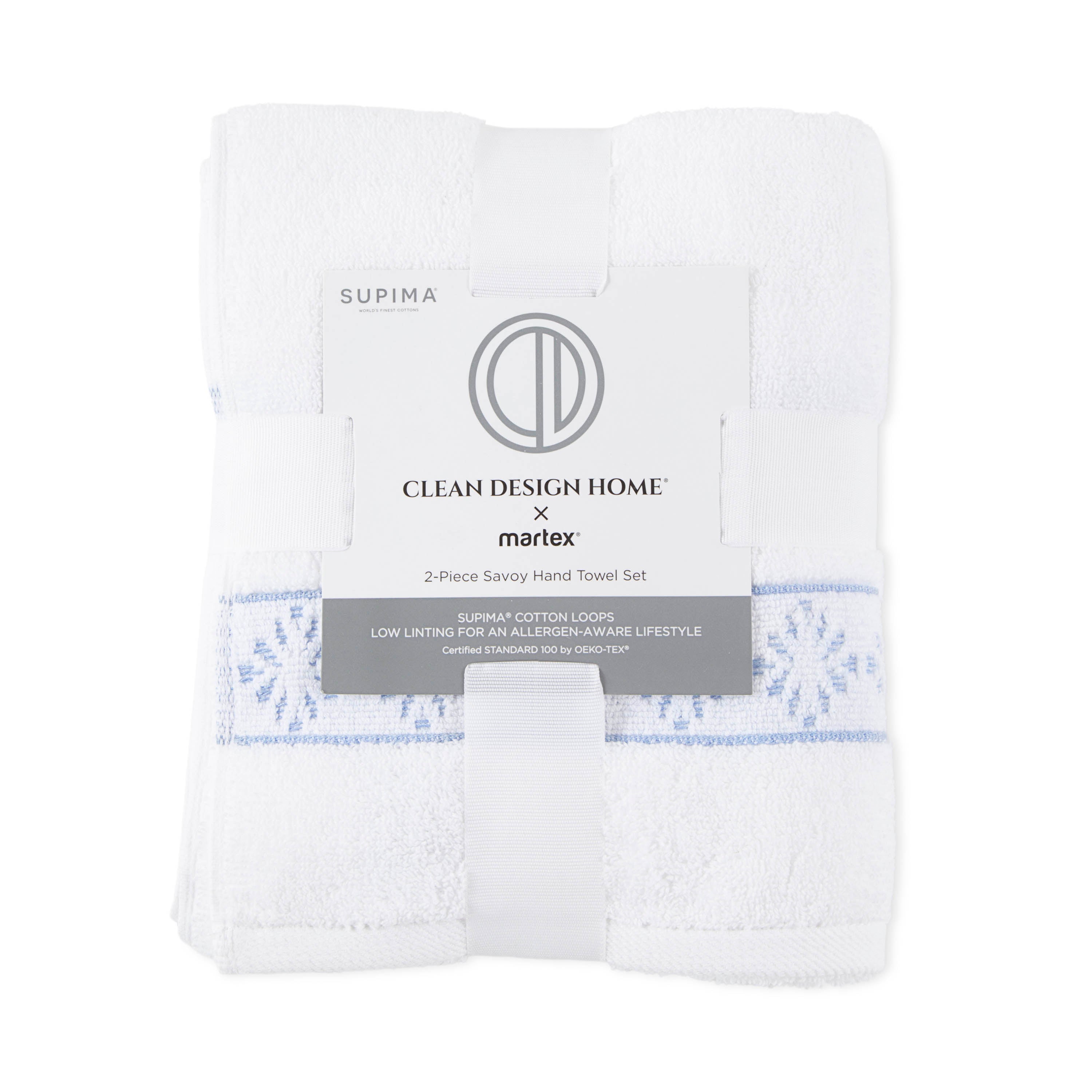 Two-piece hand towel set featuring white towels with blue detailing and a branded label.