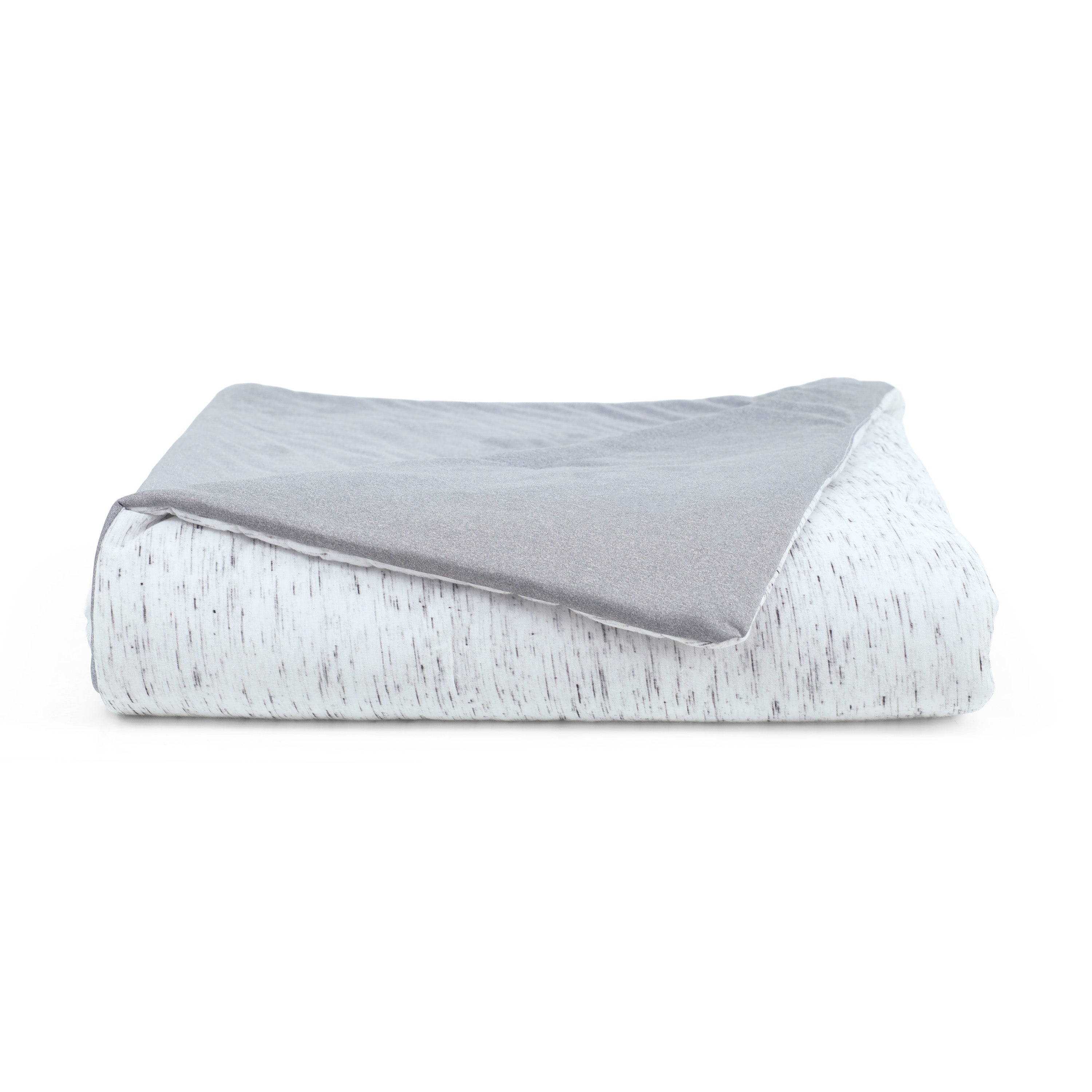 Comforter set featuring a gray top layer and a textured white underside with subtle dark speckles.