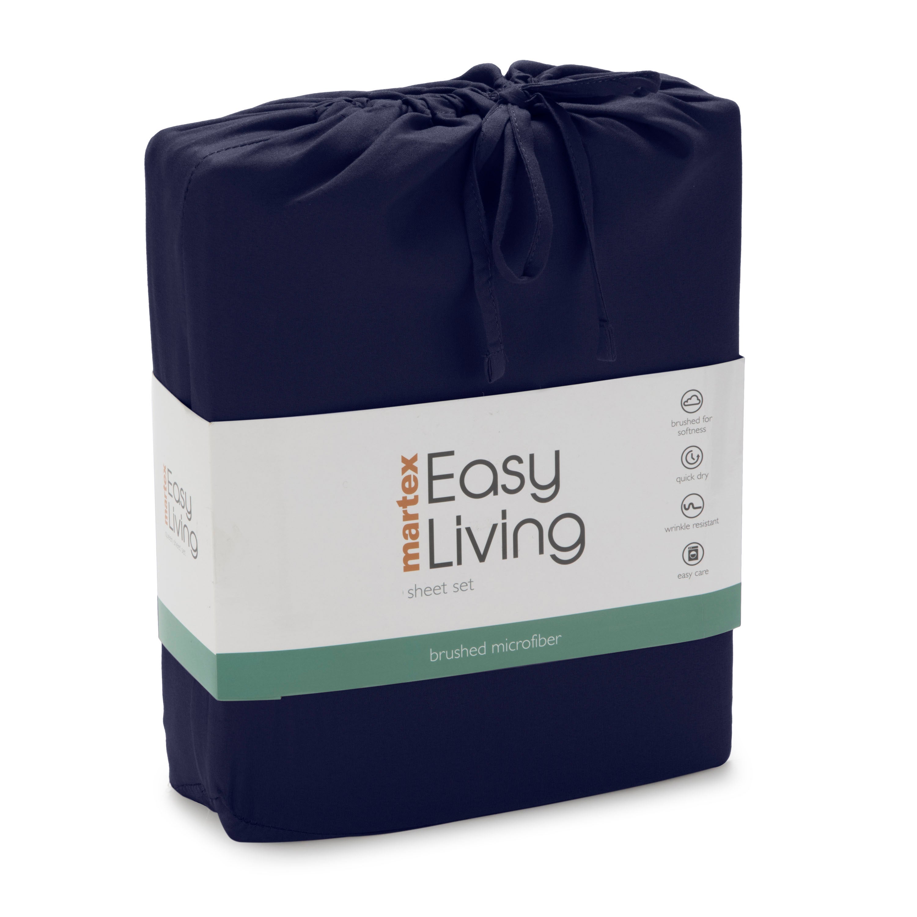 Navy blue brushed microfiber sheet set packaged with a label indicating features and brand name.