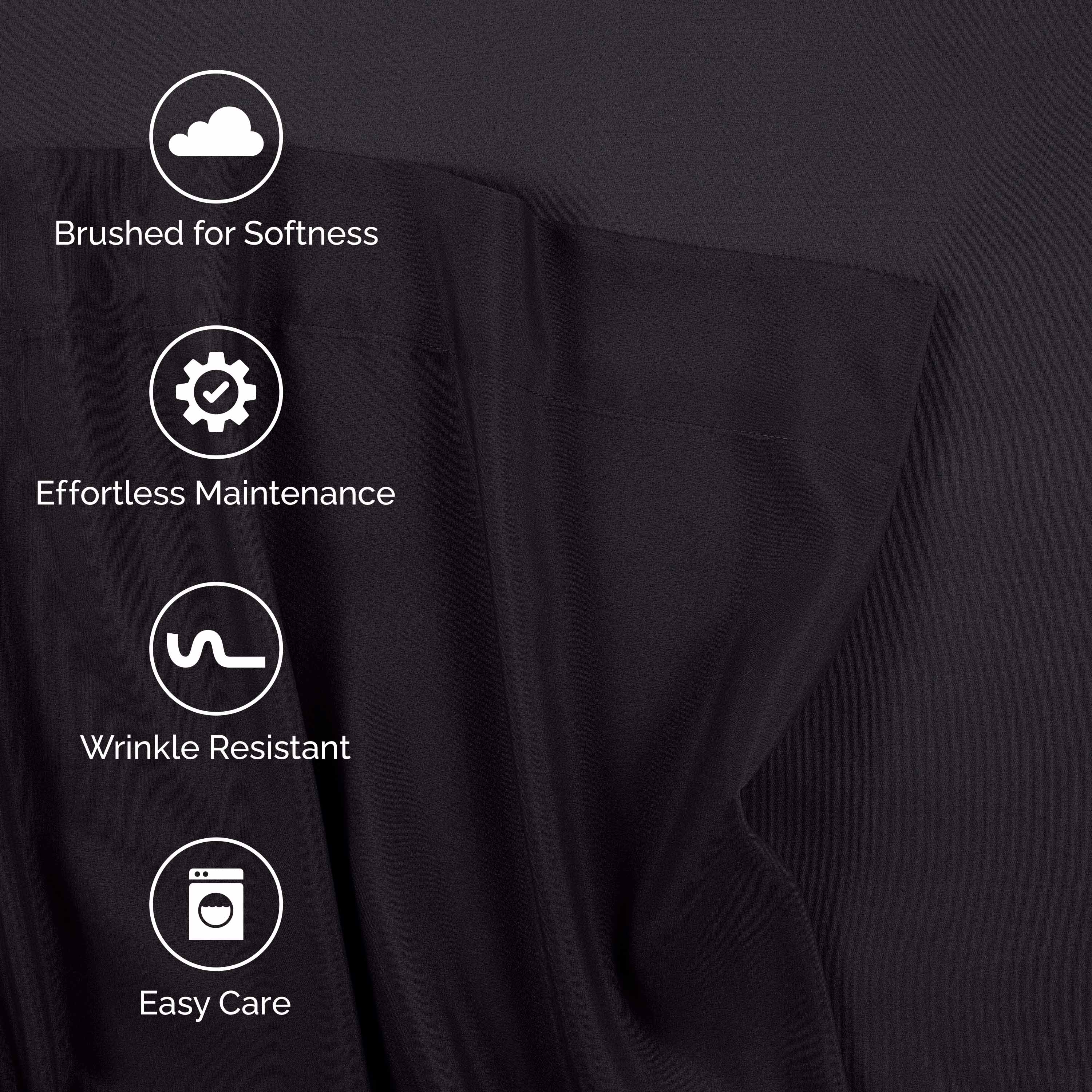 Dark brushed microfiber fabric with icons indicating softness, maintenance, wrinkle resistance, and easy care.
