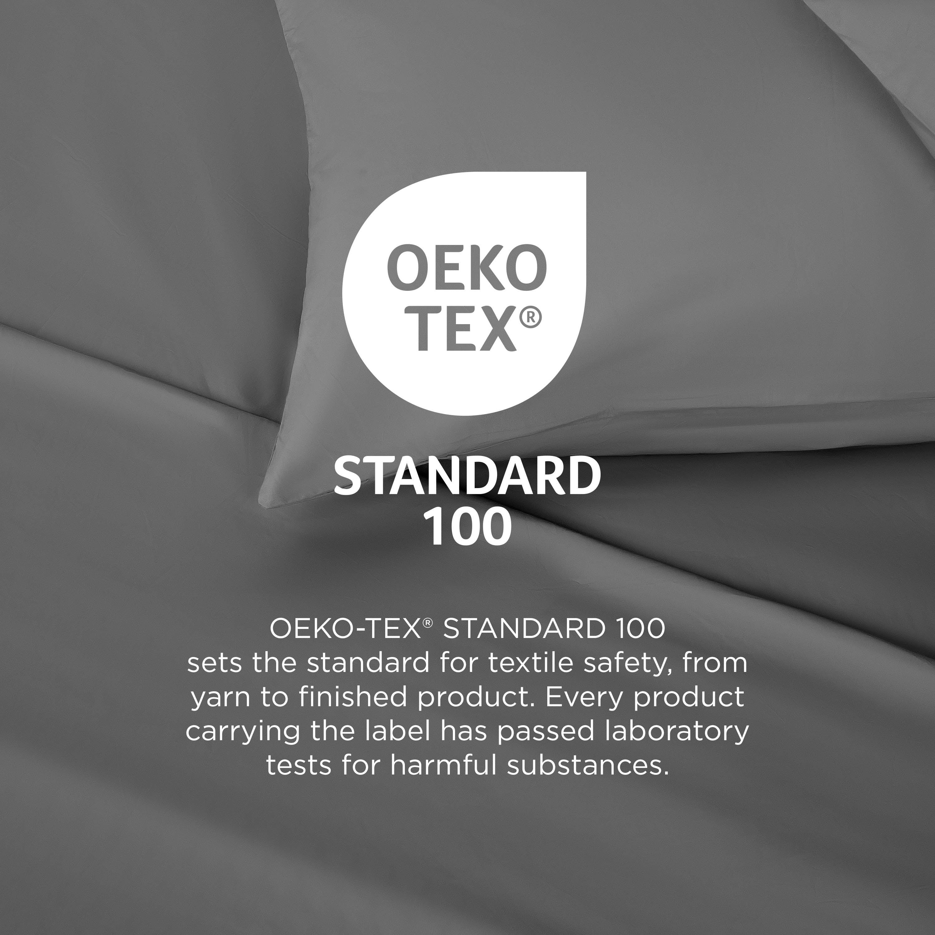 Gray brushed microfiber sheets with Oeko-Tex Standard 100 certification for textile safety.