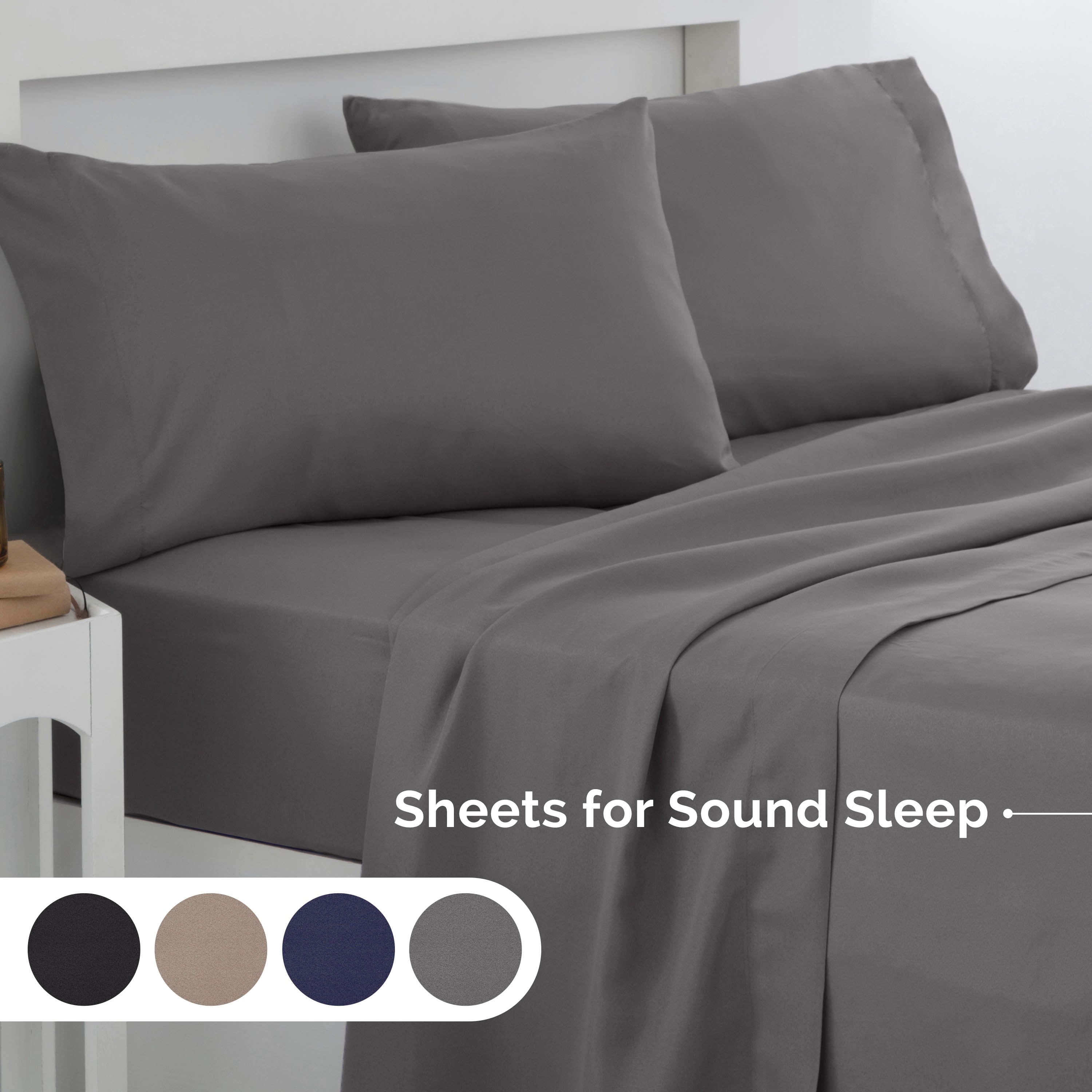 Gray brushed microfiber sheet set with two matching pillowcases on a bed, displayed with color options below.