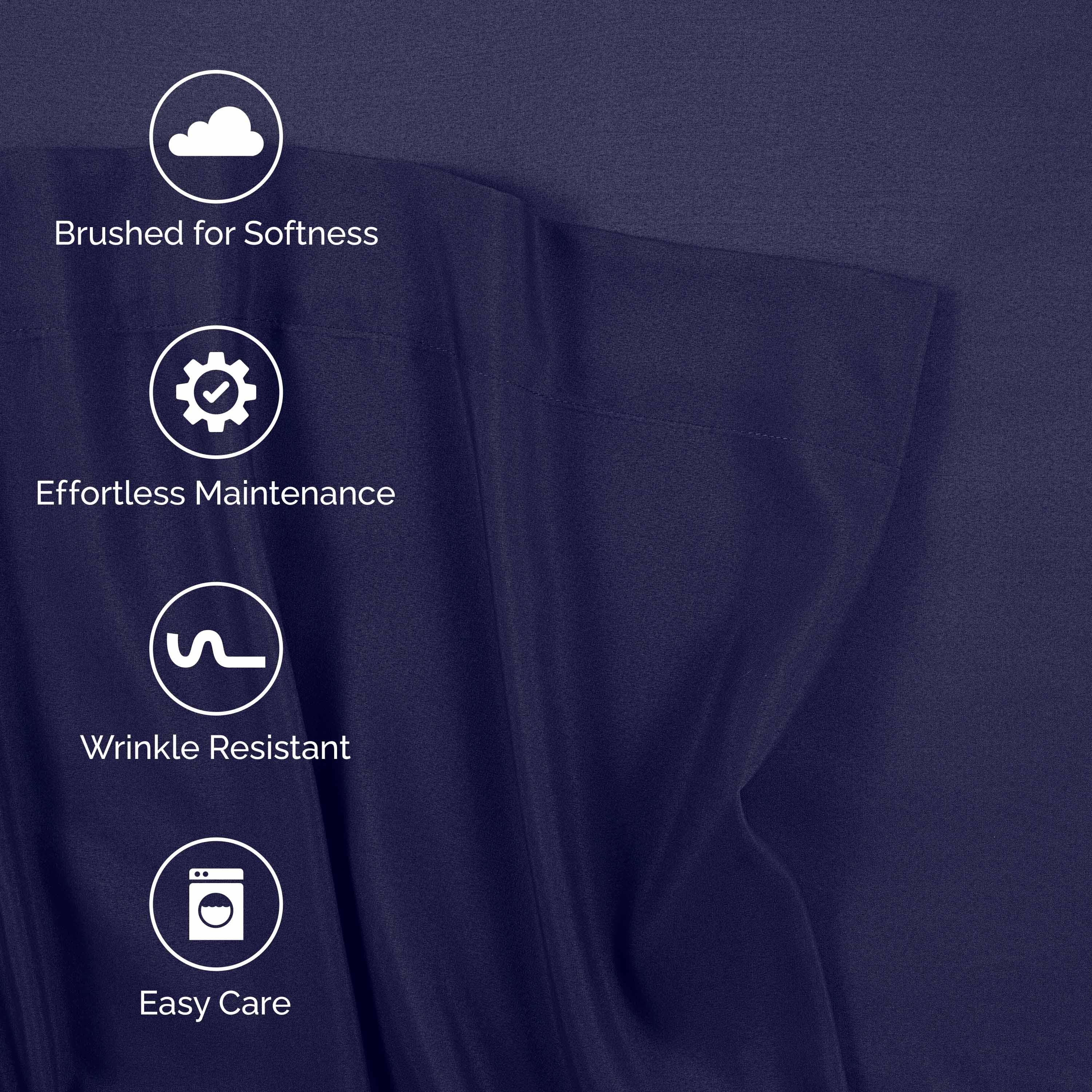 Brushed microfiber sheet set in navy with icons highlighting softness, maintenance, wrinkle resistance, and easy care.