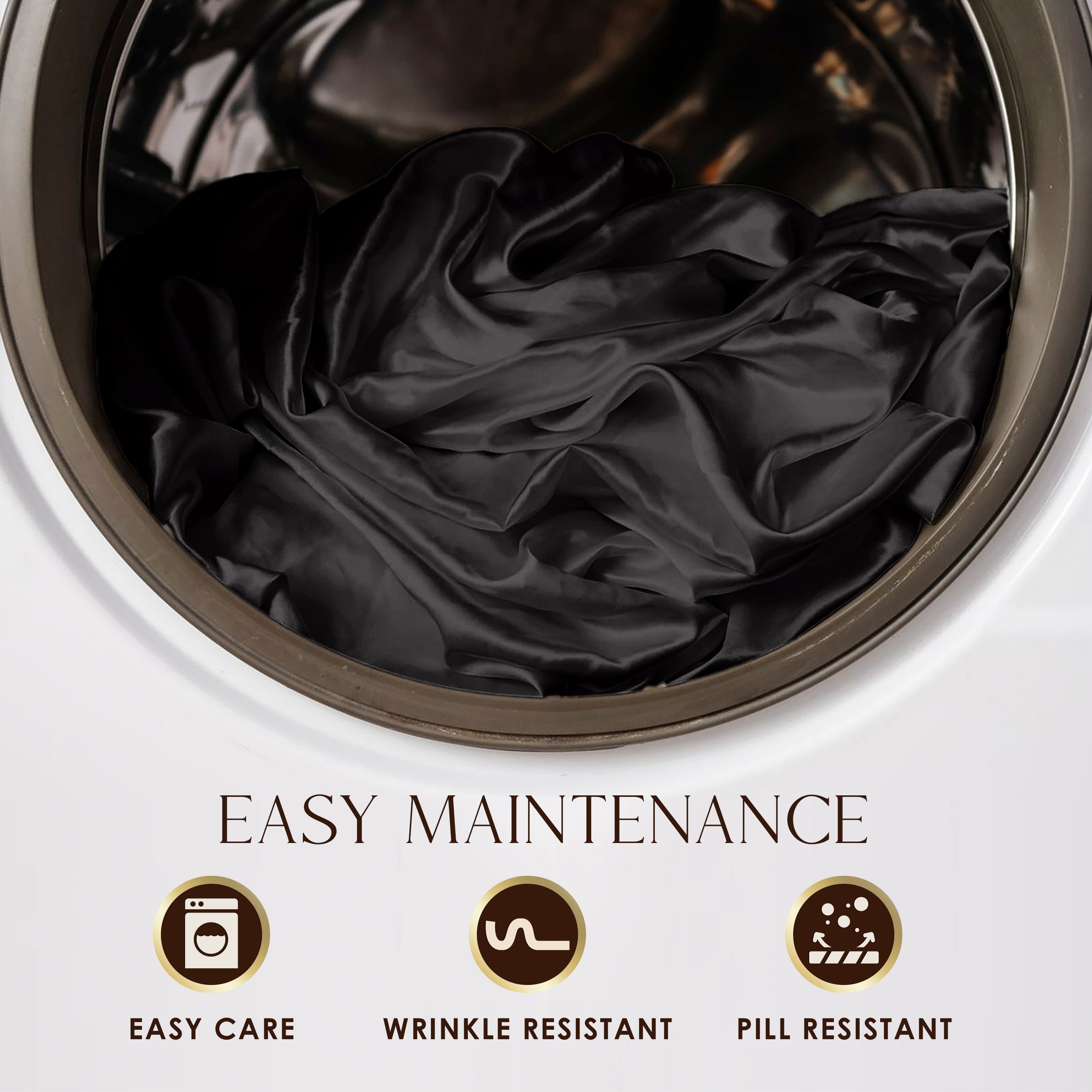 Black satin sheets are shown inside a washing machine, highlighting easy maintenance features.