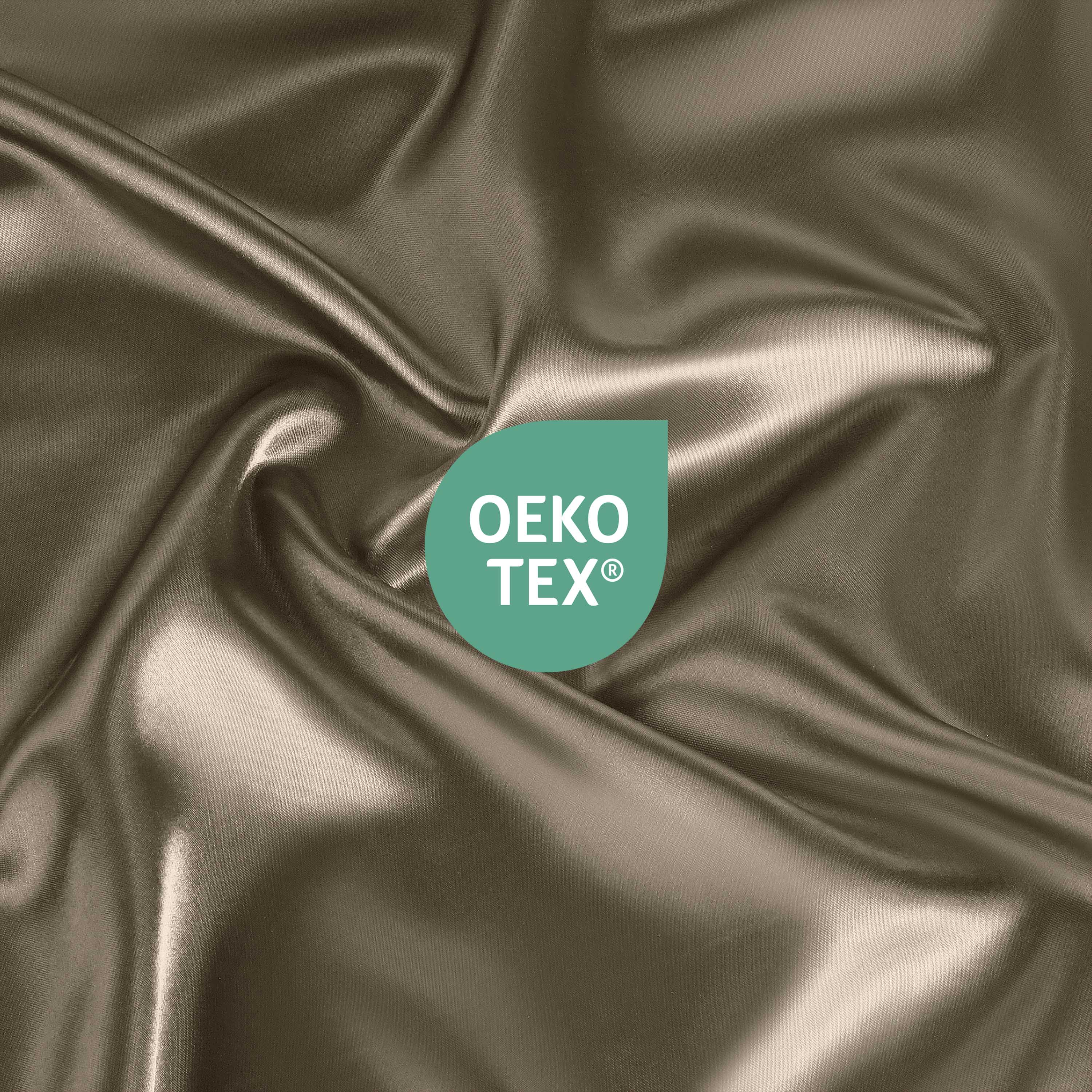 Satin fabric in a warm tone with an Oeko-Tex certification logo displayed prominently.