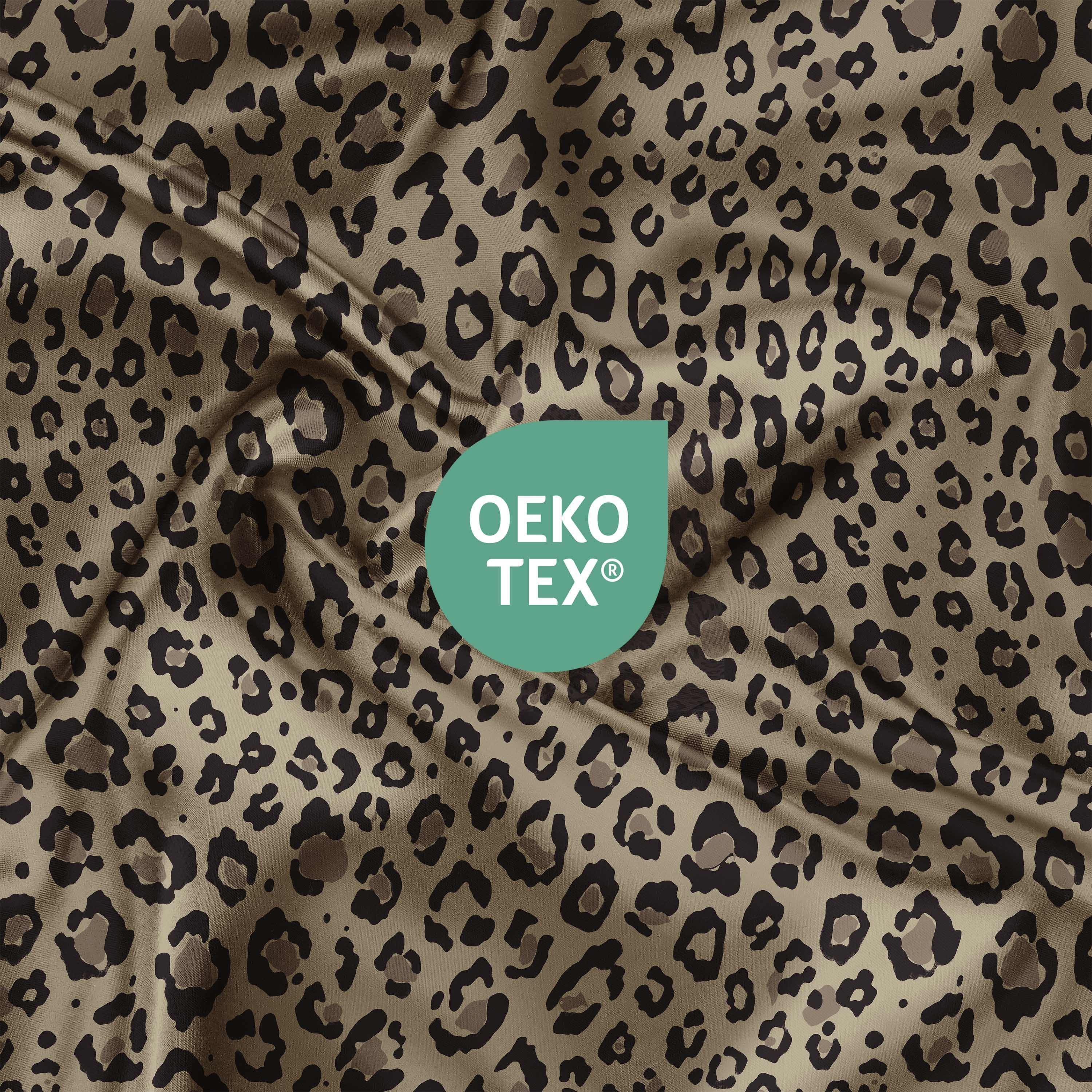 Satin fabric with a leopard print pattern and an Oeko-Tex certification logo in the corner.