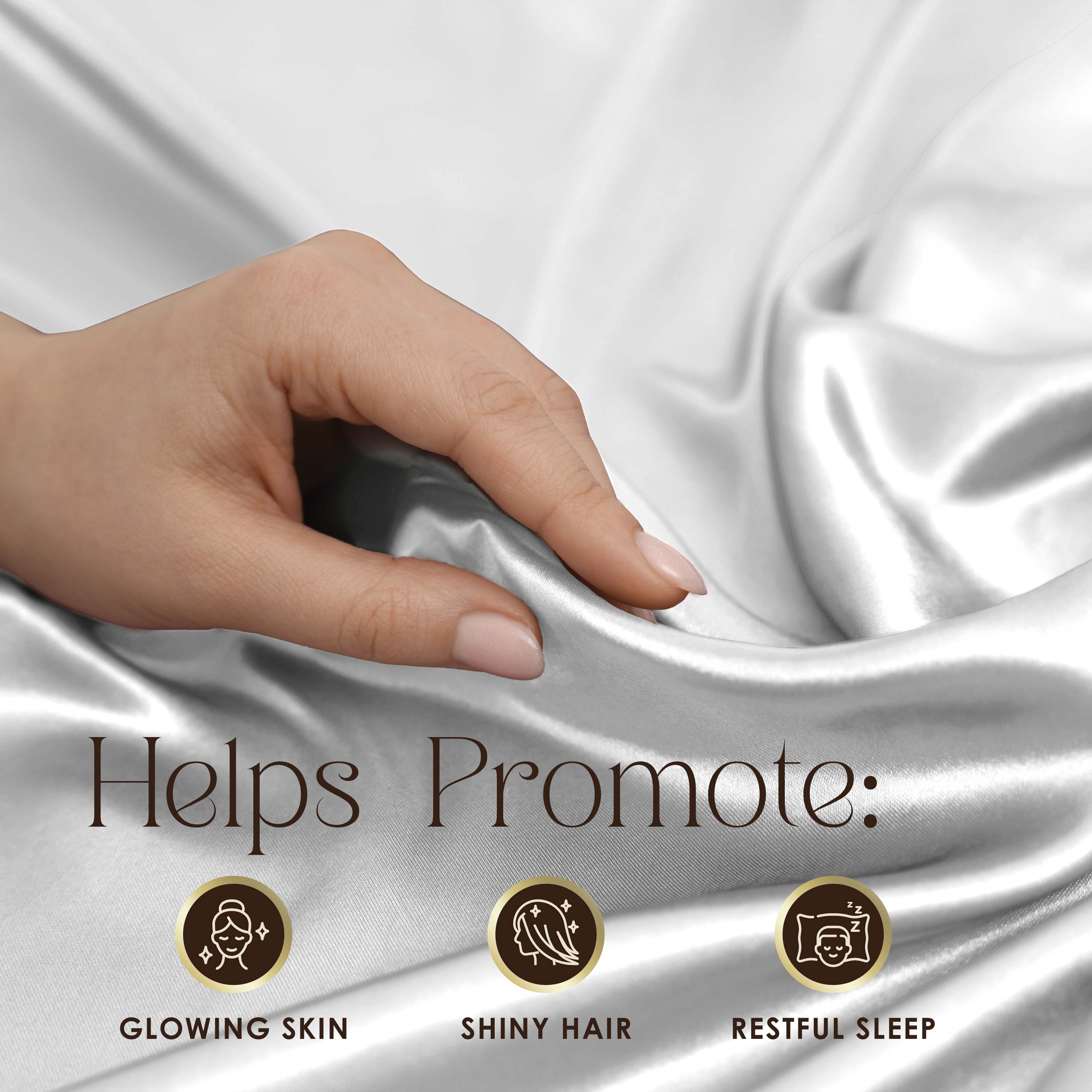 A hand touches a smooth, shiny silver satin fabric with text promoting benefits for skin, hair, and sleep.