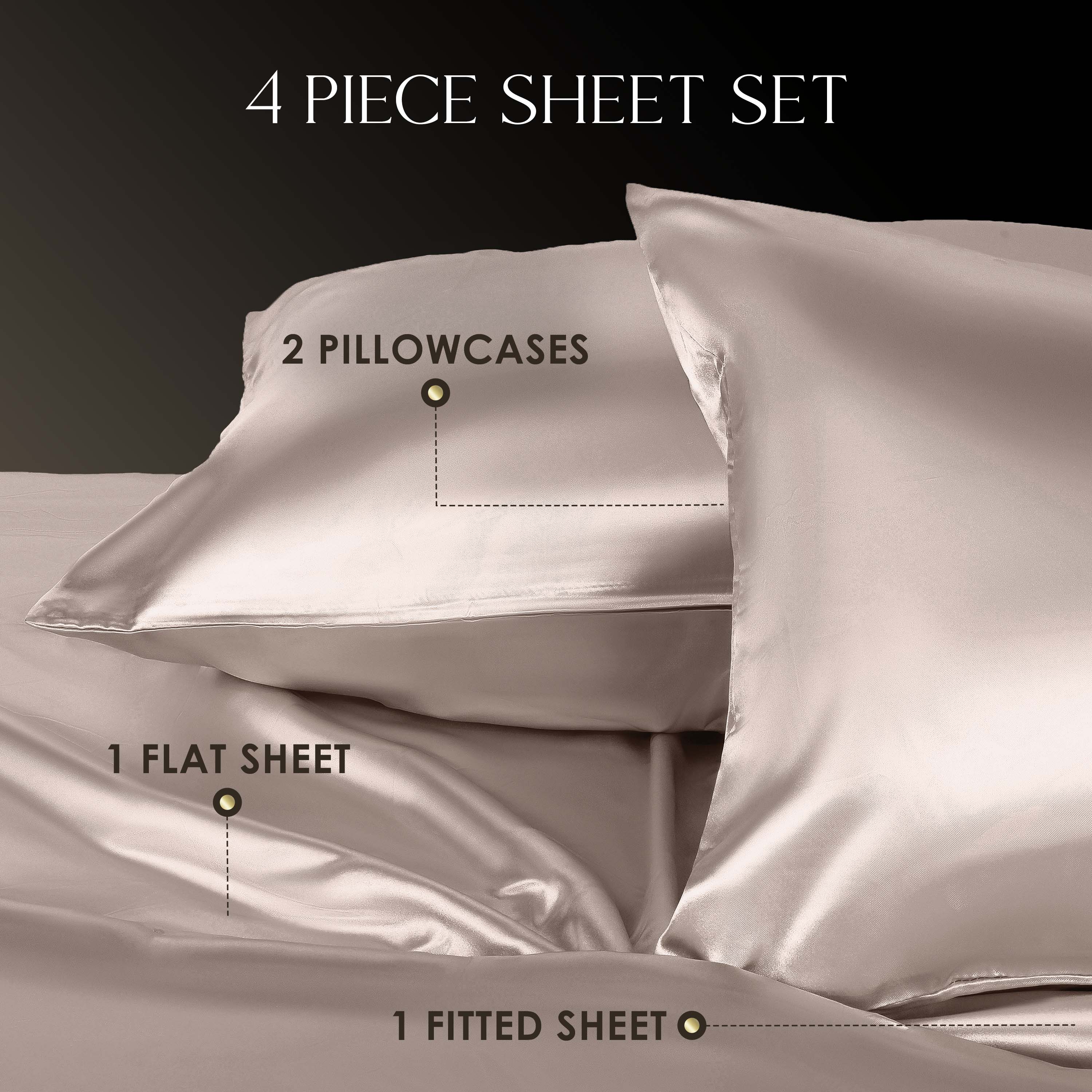 Four-piece satin sheet set including two pillowcases, one flat sheet, and one fitted sheet in a soft color.