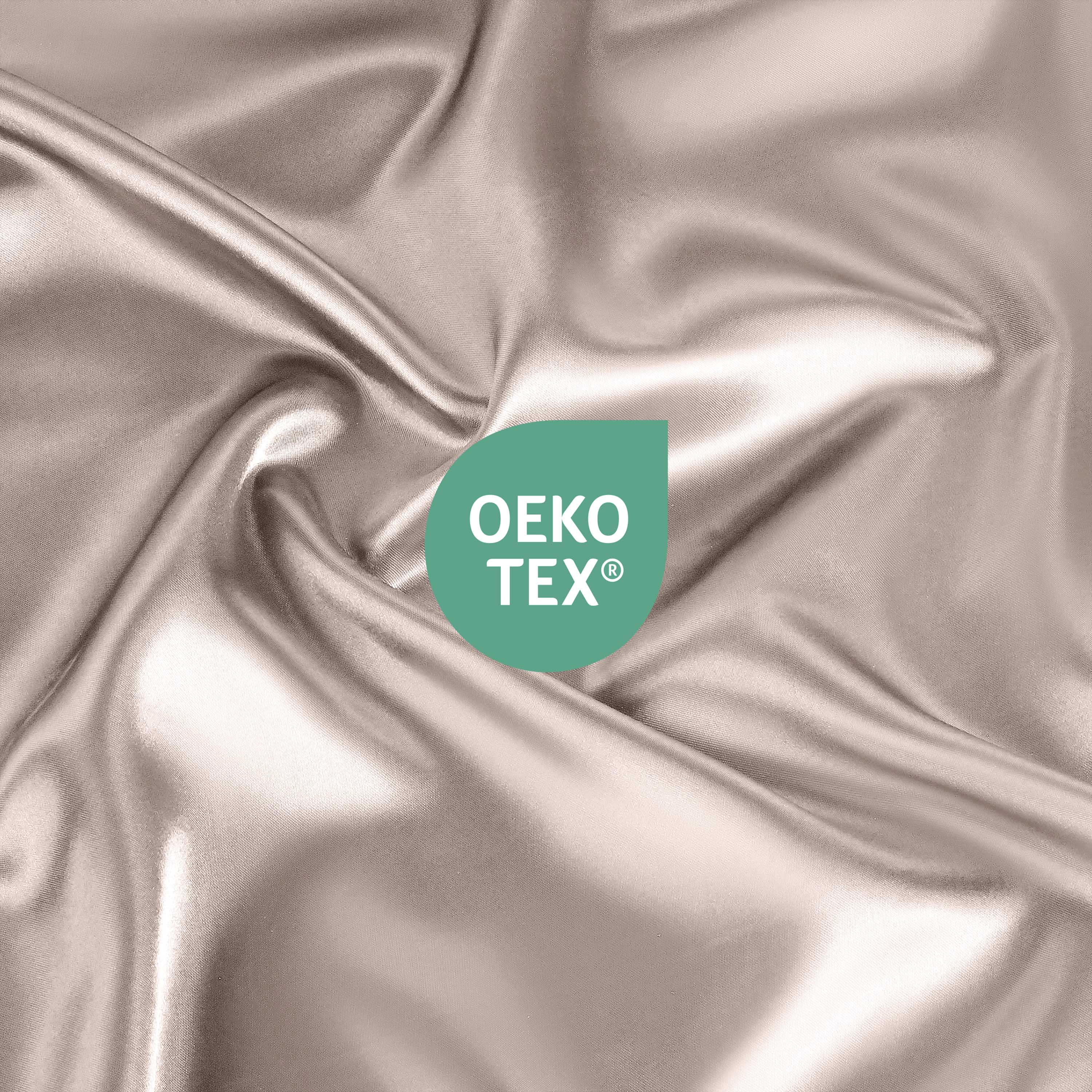 Satin fabric in a light color with an Oeko-Tex certification logo prominently displayed.