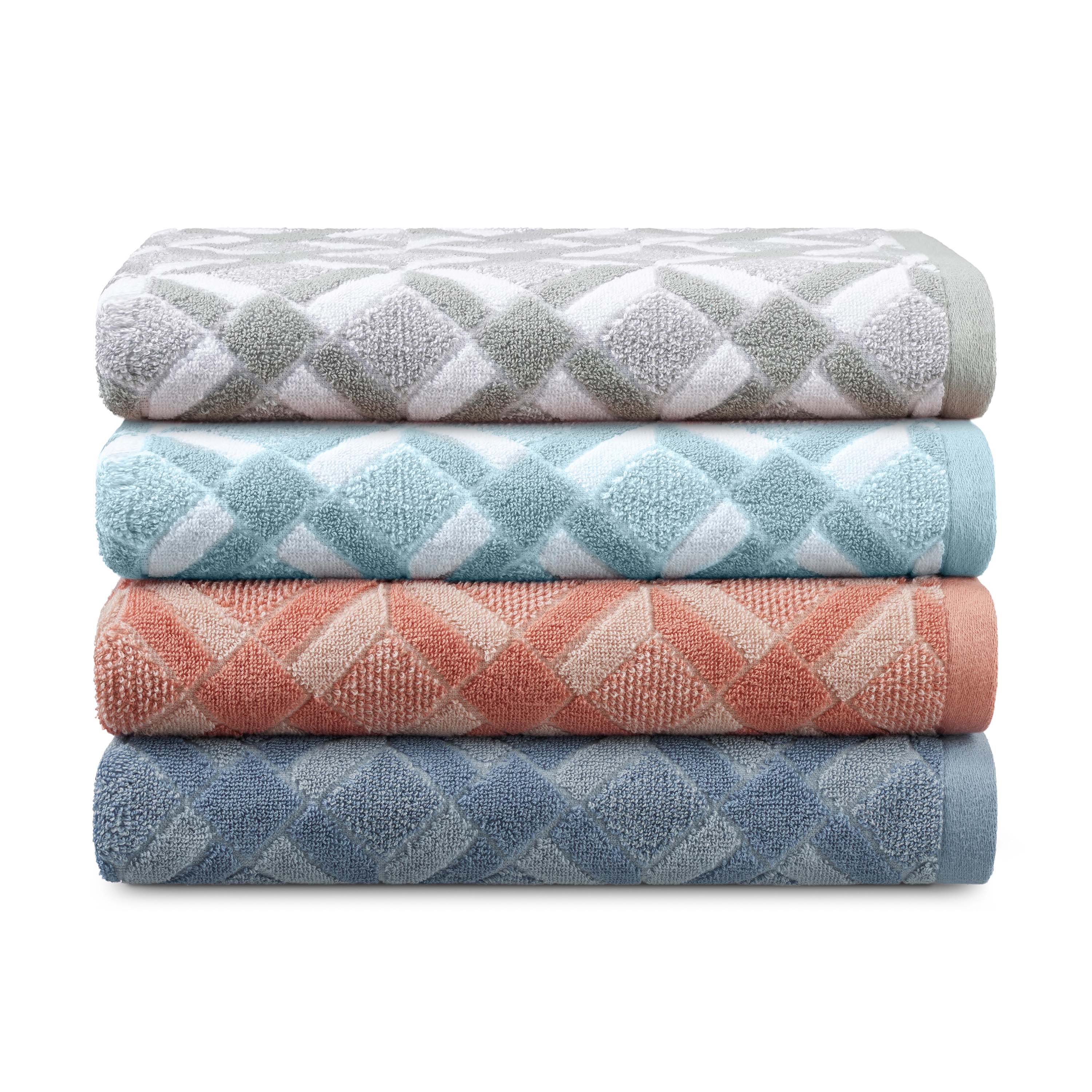 Four stacked towels in varying colors with a geometric diamond pattern.