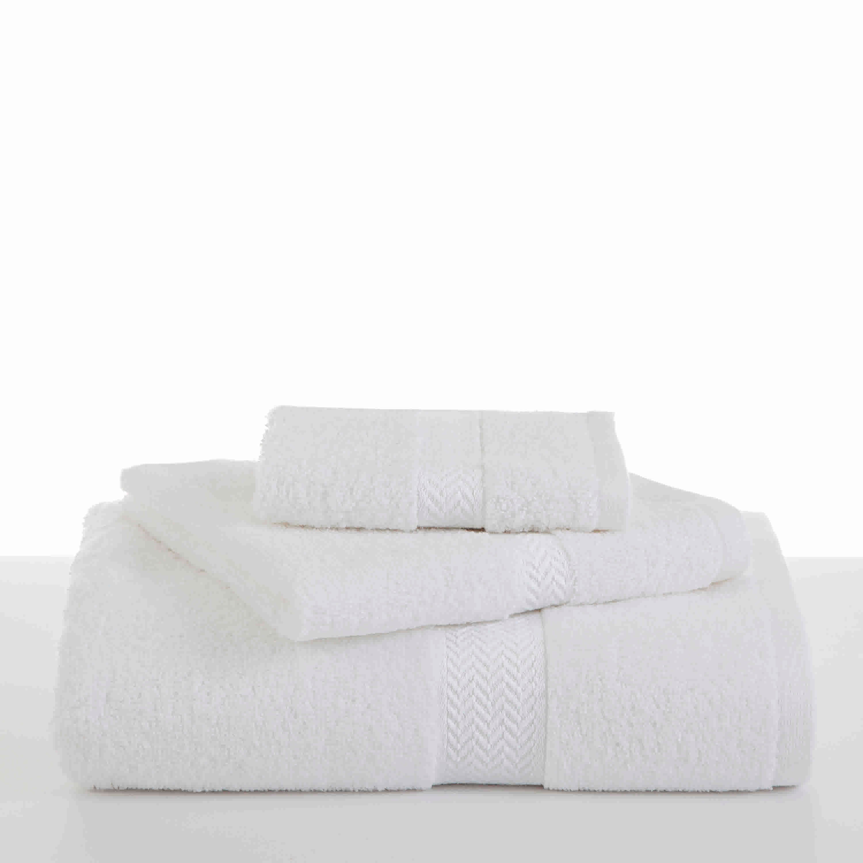 Stack of three white towels with textured bands, arranged in descending size order.