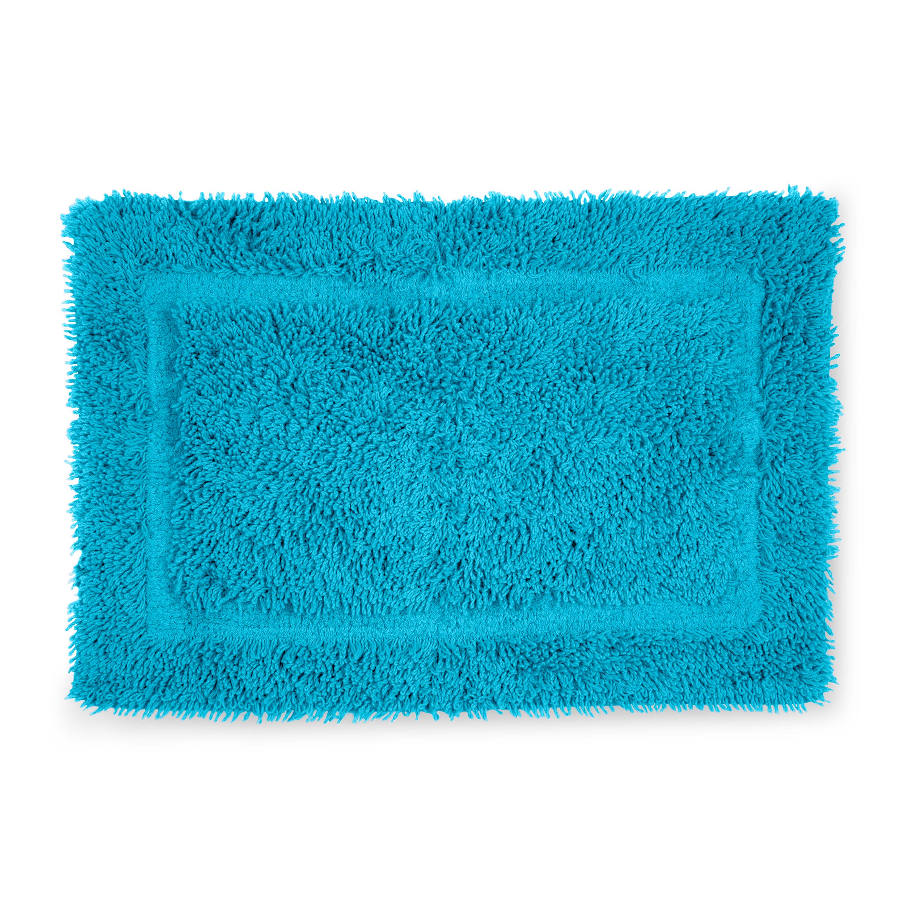 Rectangular bath rug in bright turquoise with a plush, shaggy texture and a bordered design.