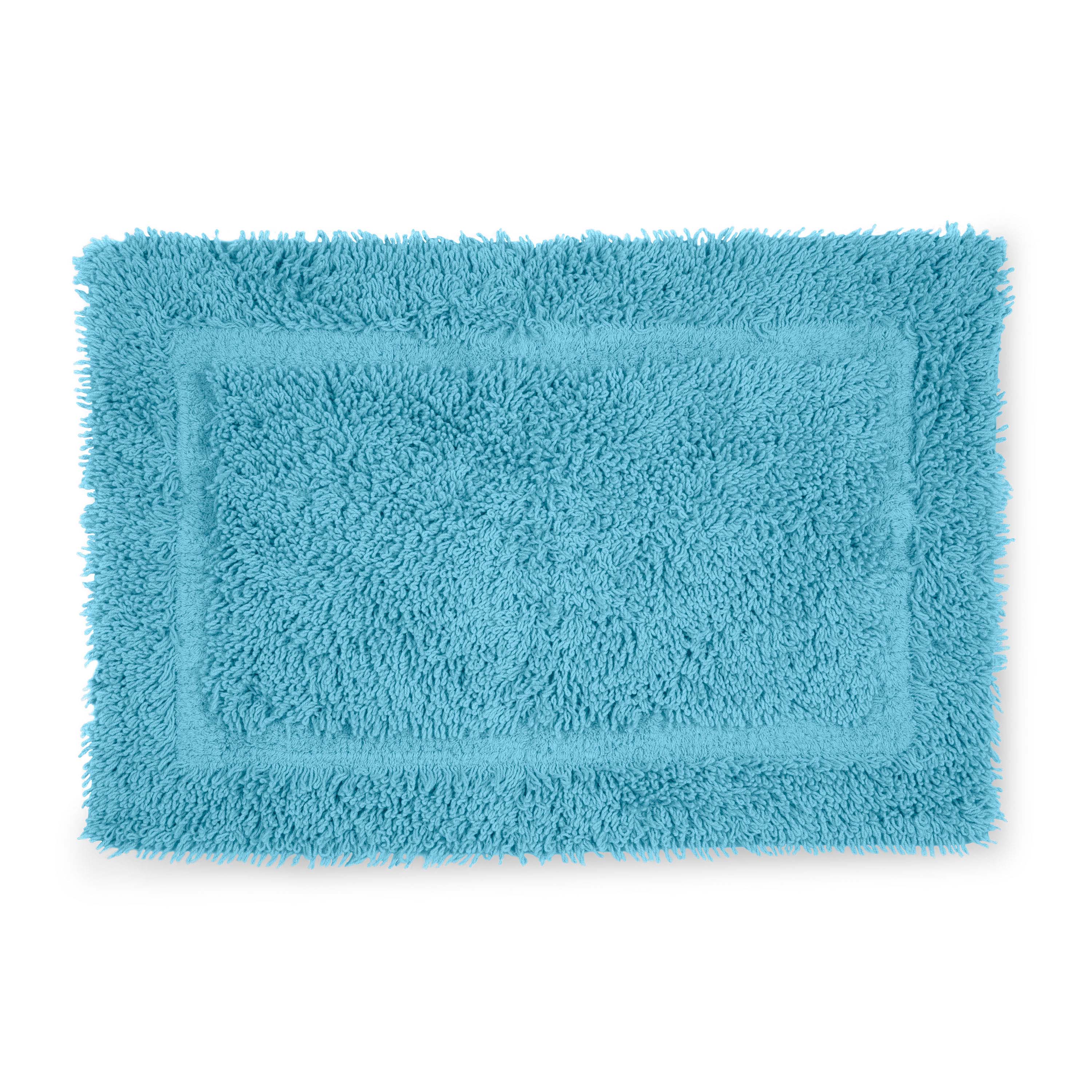 Rectangular bath rug in light blue with a plush, textured surface and a bordered design.