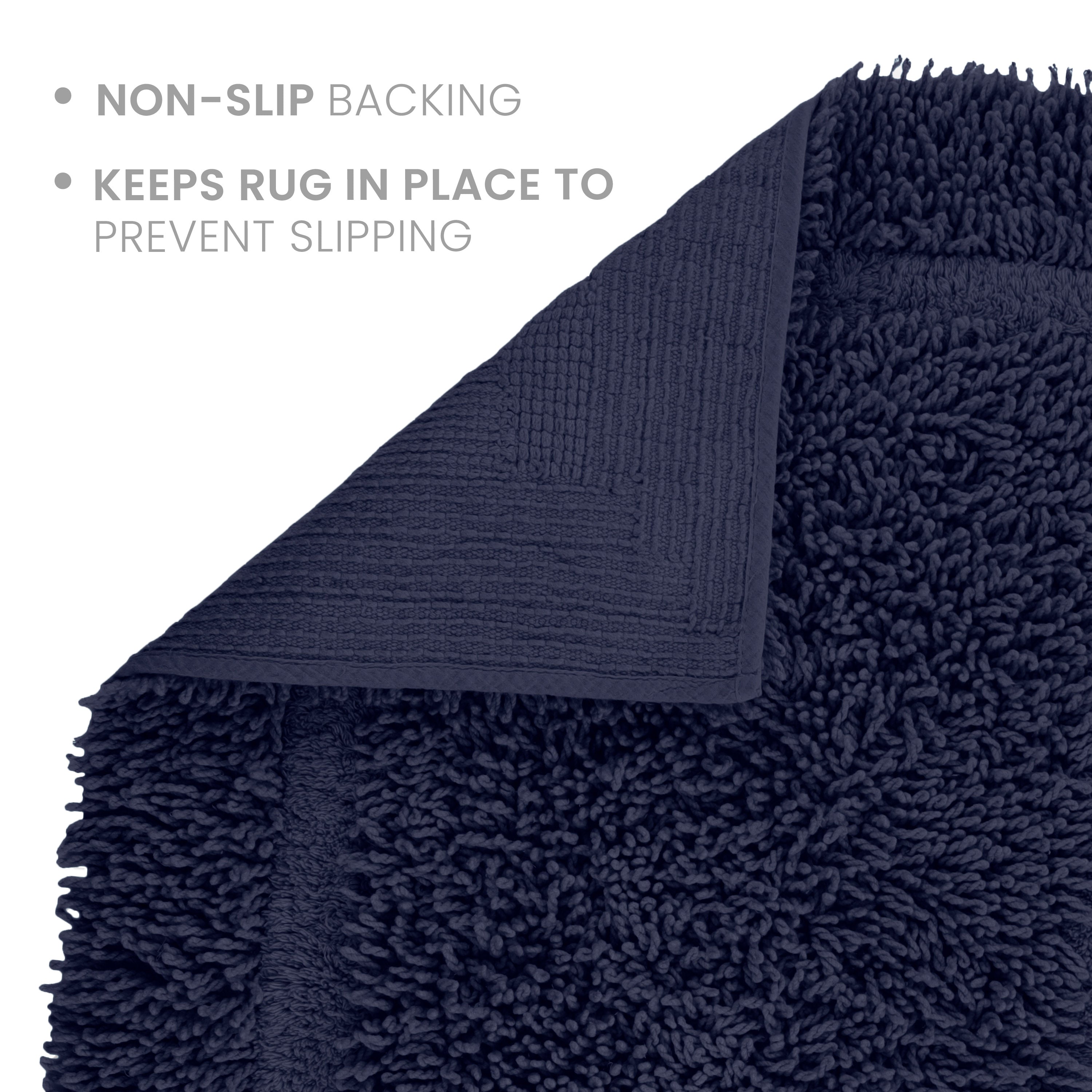 Navy blue bath rug with a textured non-slip backing to prevent slipping.