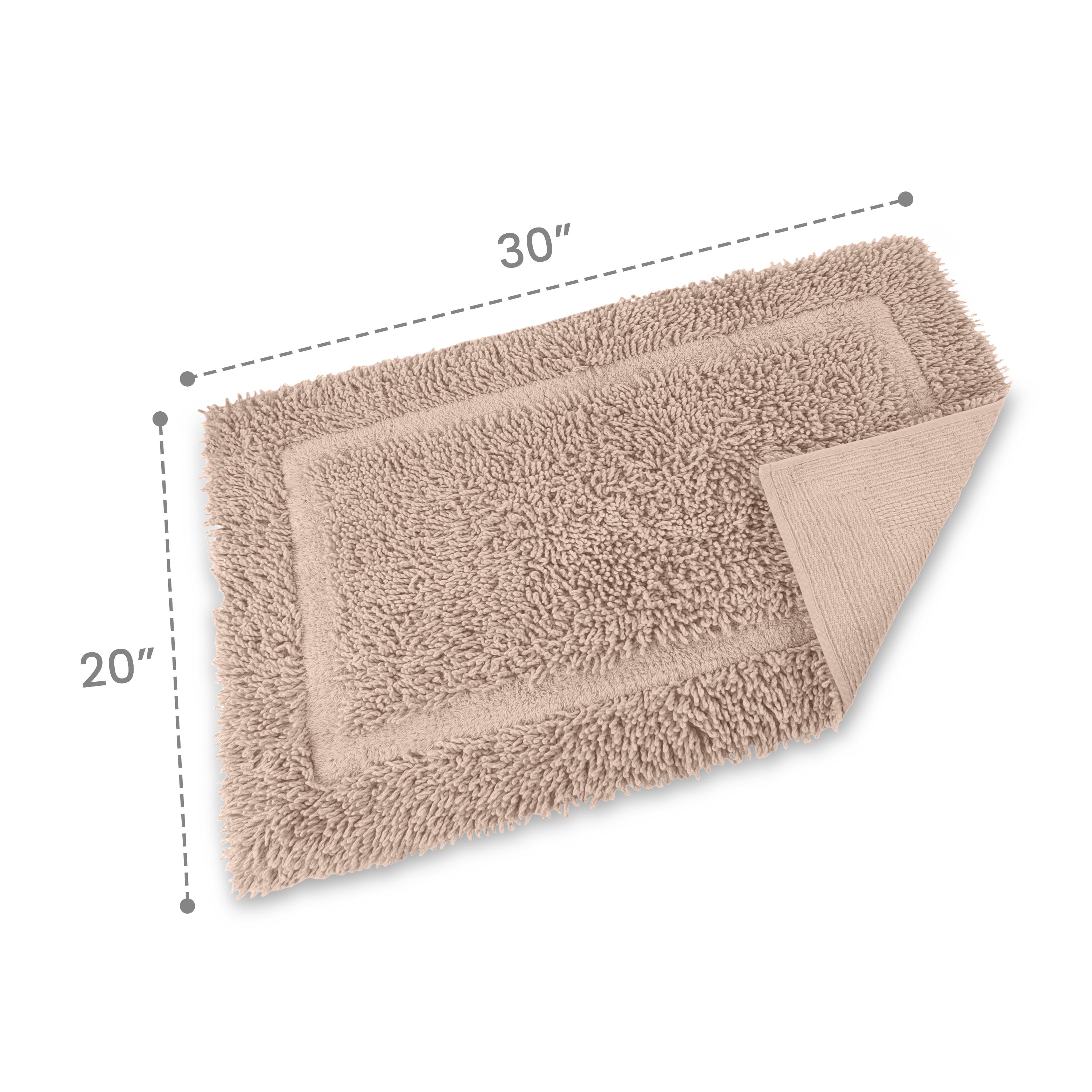 Rectangular bath rug in a light beige color, measuring 30 inches by 20 inches, with a textured surface and a folded corner.