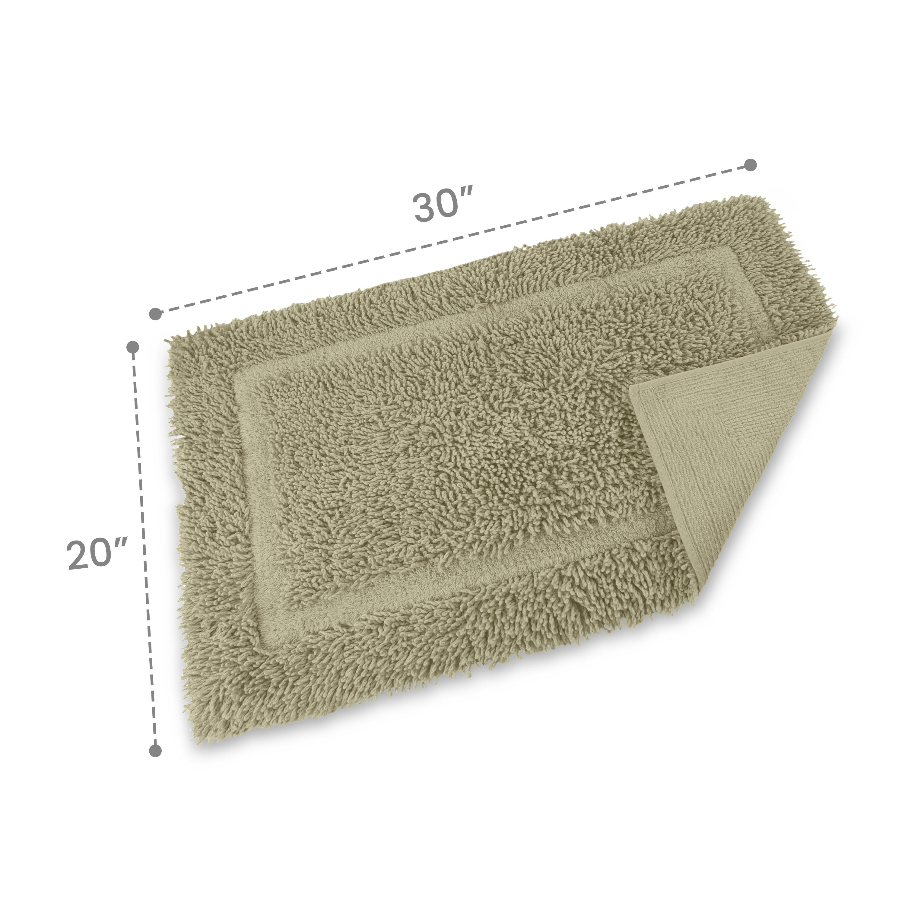Rectangular bath rug in a soft green color, measuring 30 inches by 20 inches, with a textured surface.