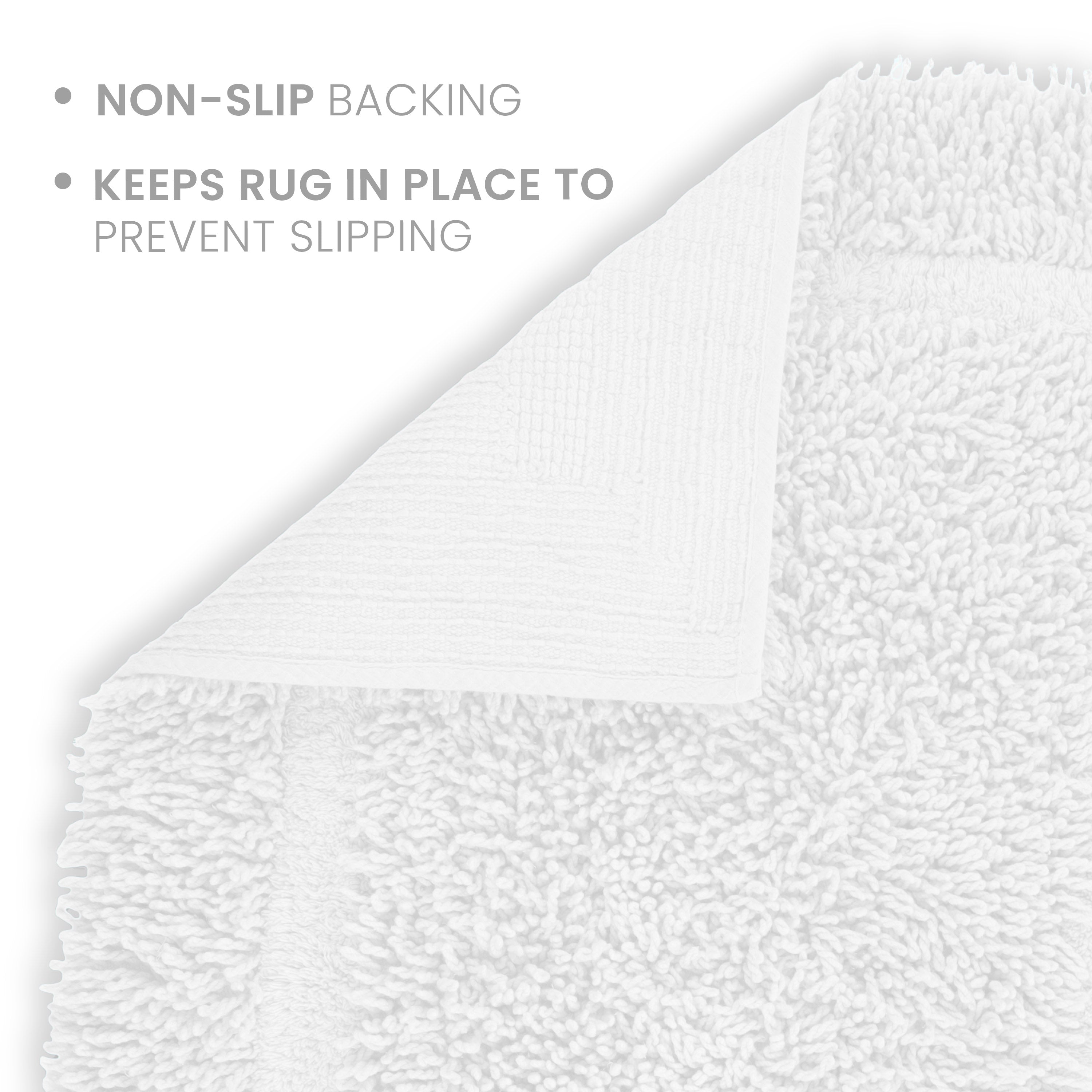 White bath rug with a textured surface and non-slip backing for stability.