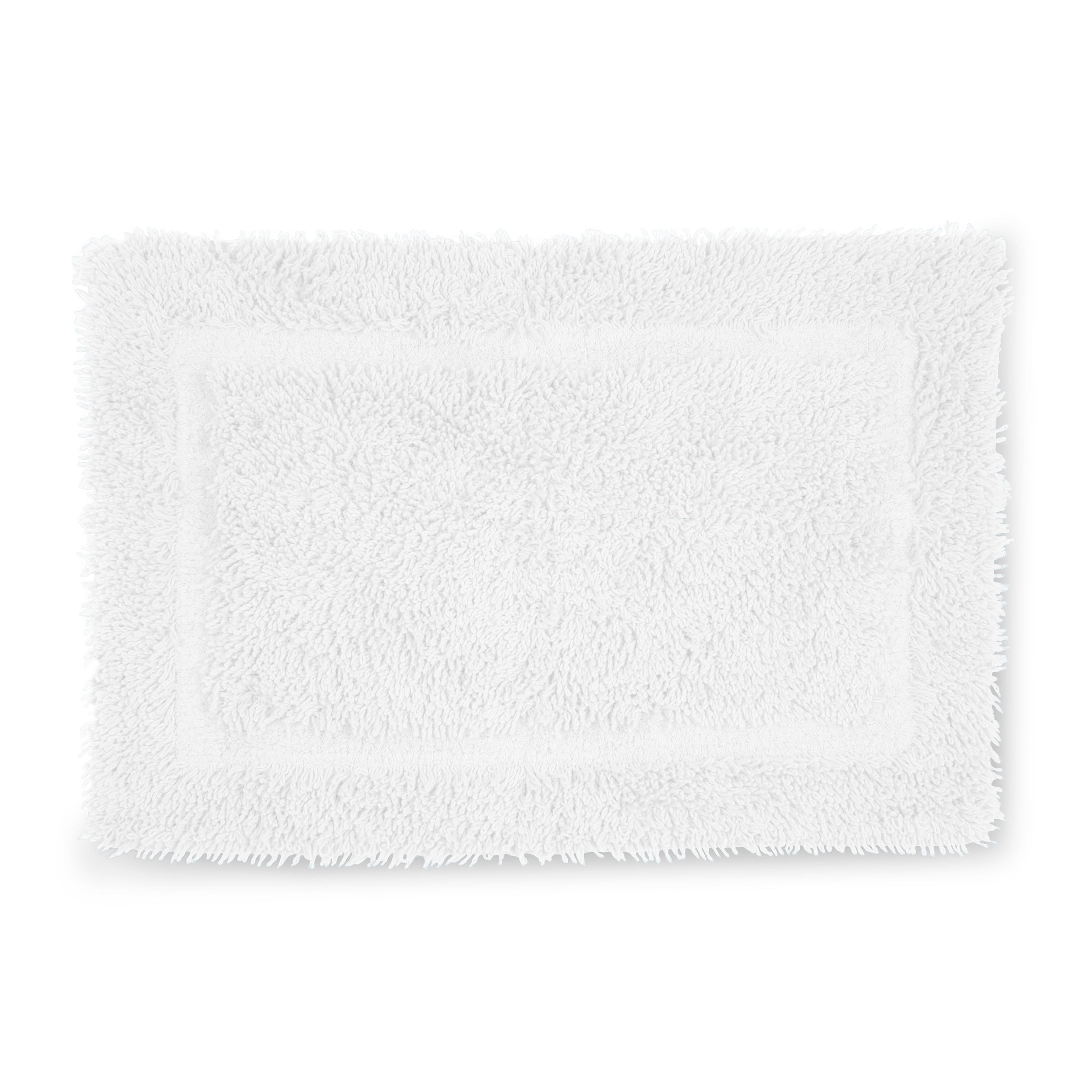 White bath rug with a textured surface and a rectangular shape, featuring a bordered design.