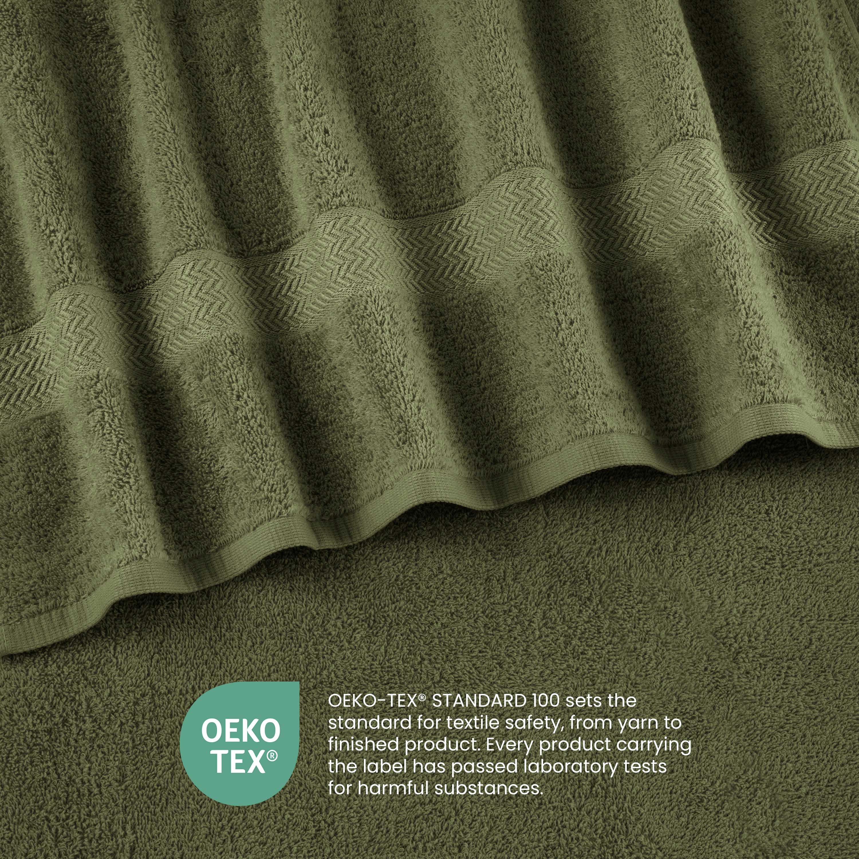 Green towels with a textured stripe pattern, showcasing soft fabric and Oeko-Tex certification for safety.