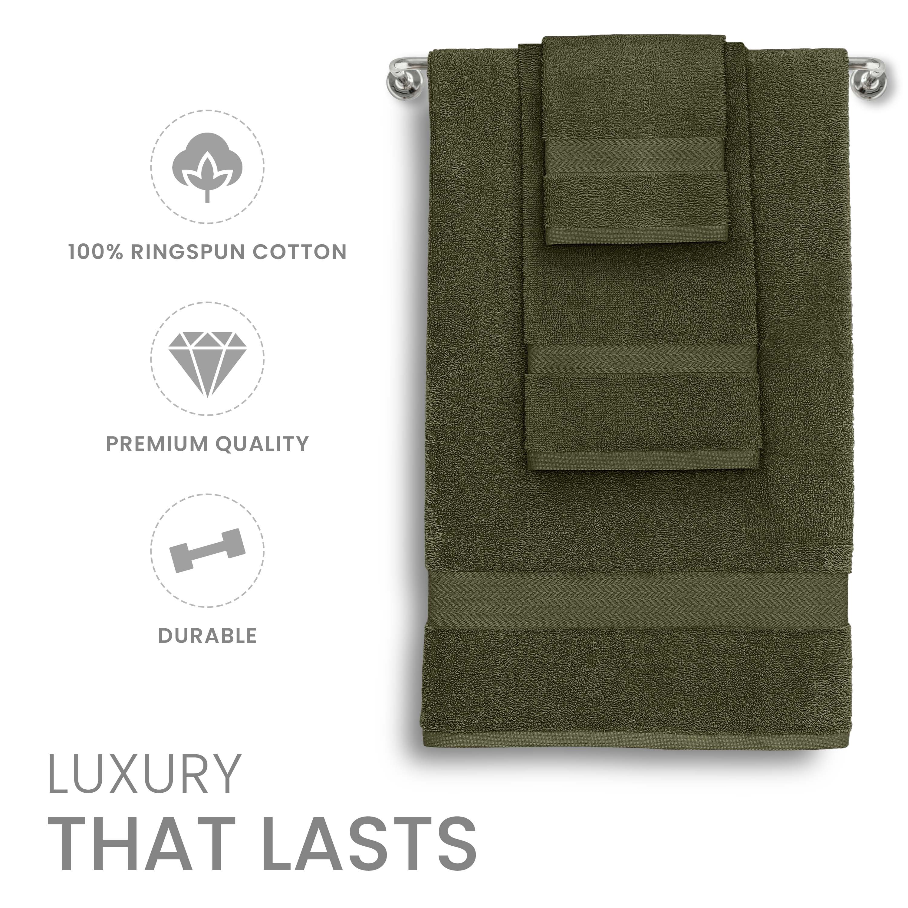 Set of olive green towels made from 100% ringspun cotton, featuring textured bands and a durable design.