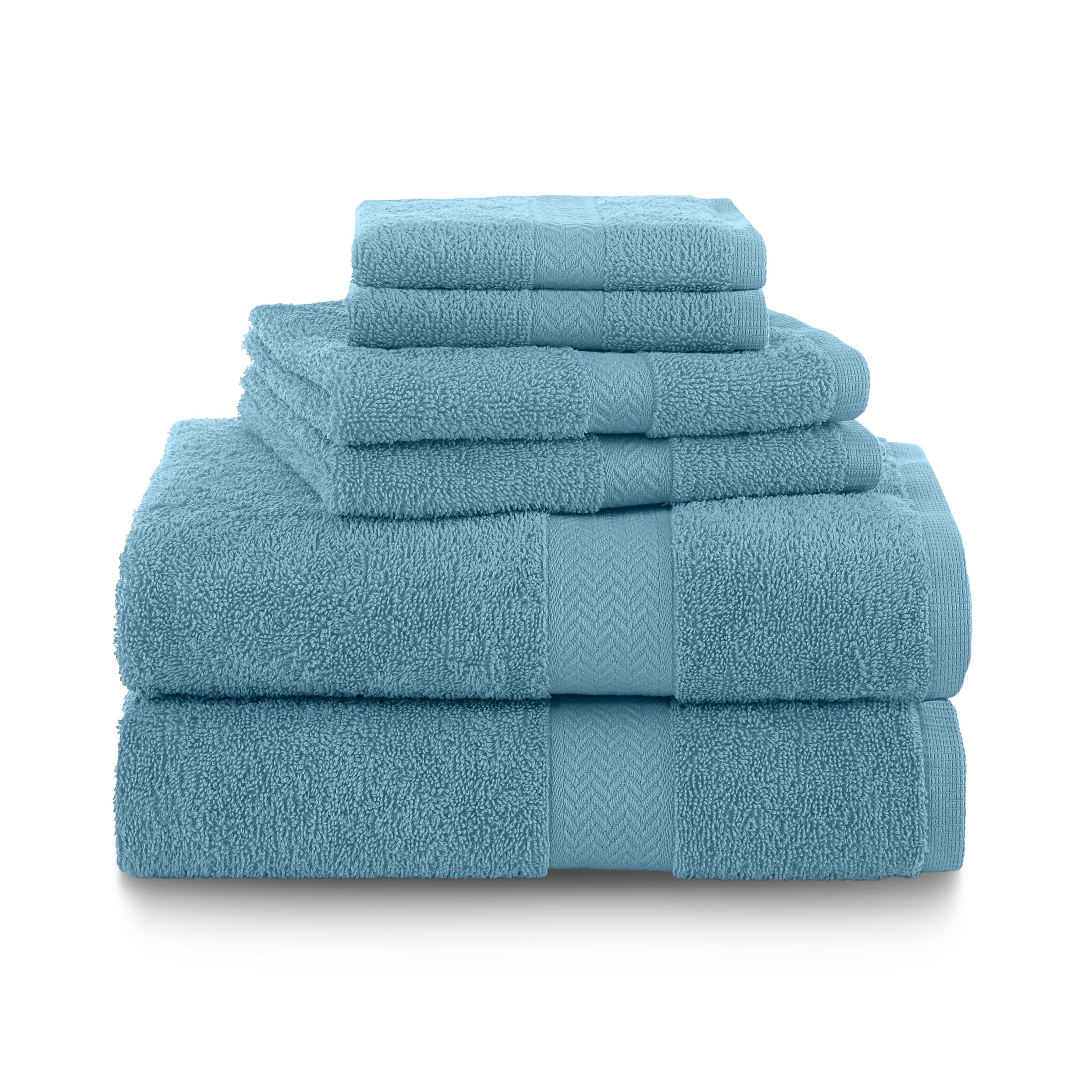Six stacked towels in a vibrant turquoise color, featuring a textured band design.