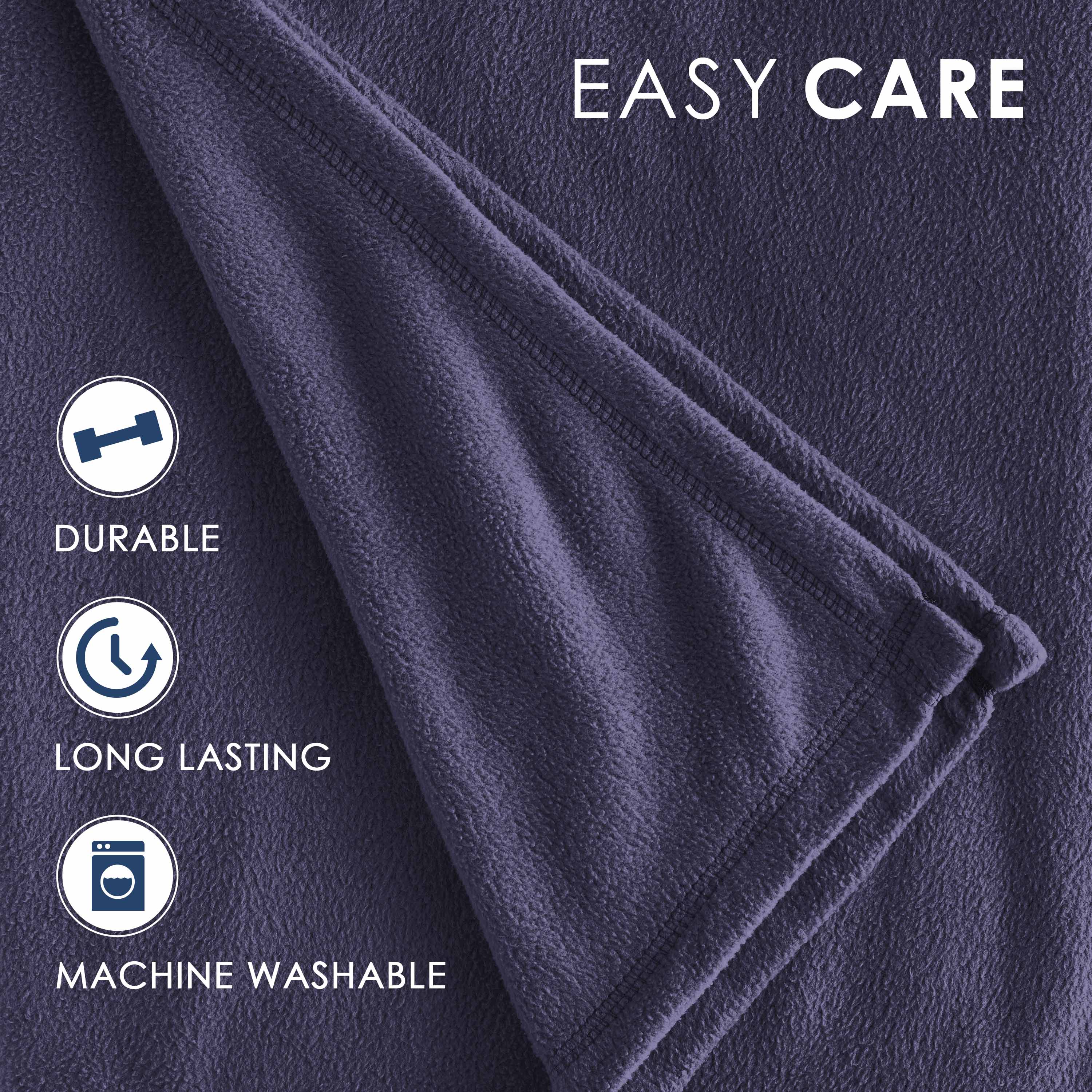 Purple fleece blanket with a soft texture and stitched edges, labeled as durable, long-lasting, and machine washable.