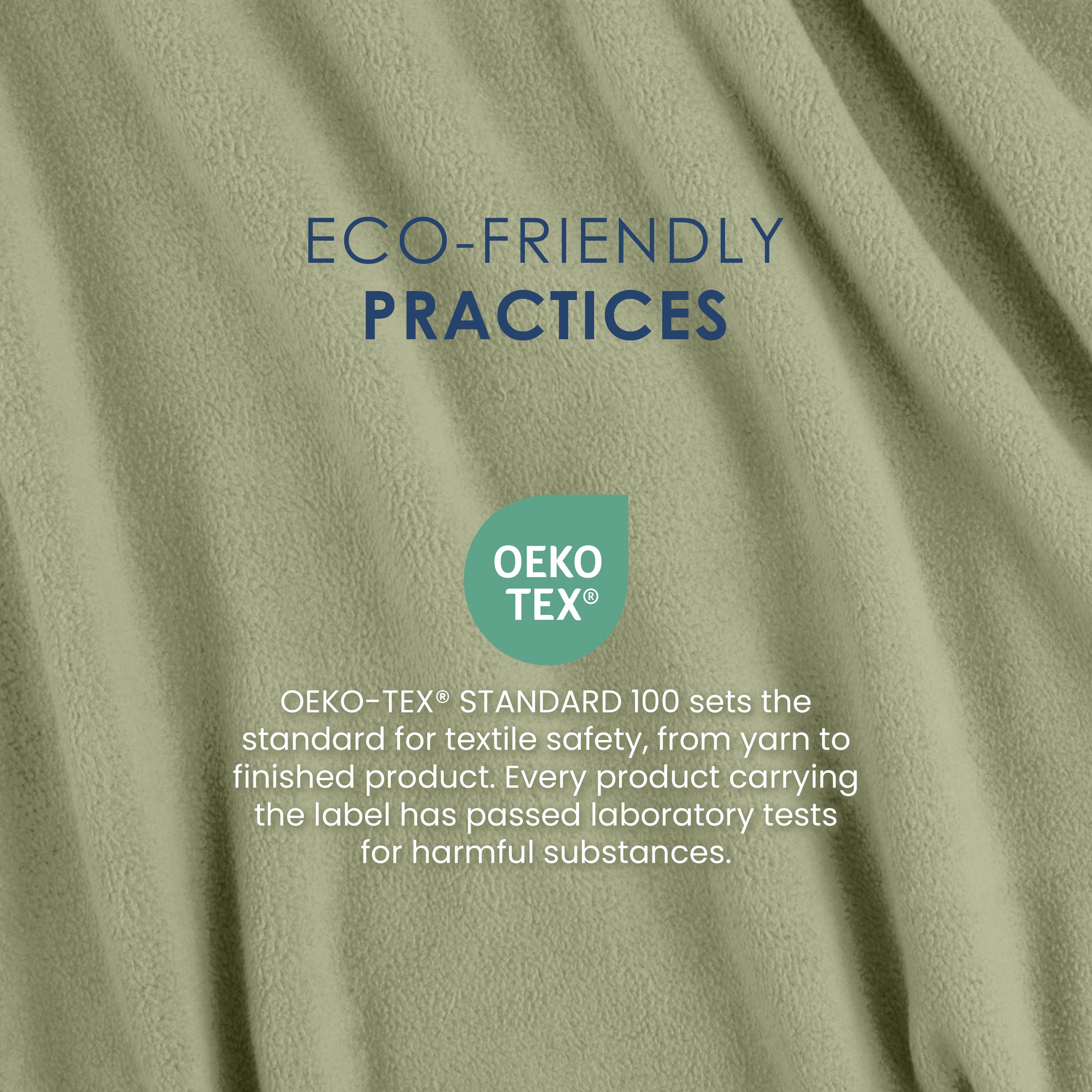 Light green fleece fabric with text about eco-friendly practices and OEKO-TEX® certification for textile safety.
