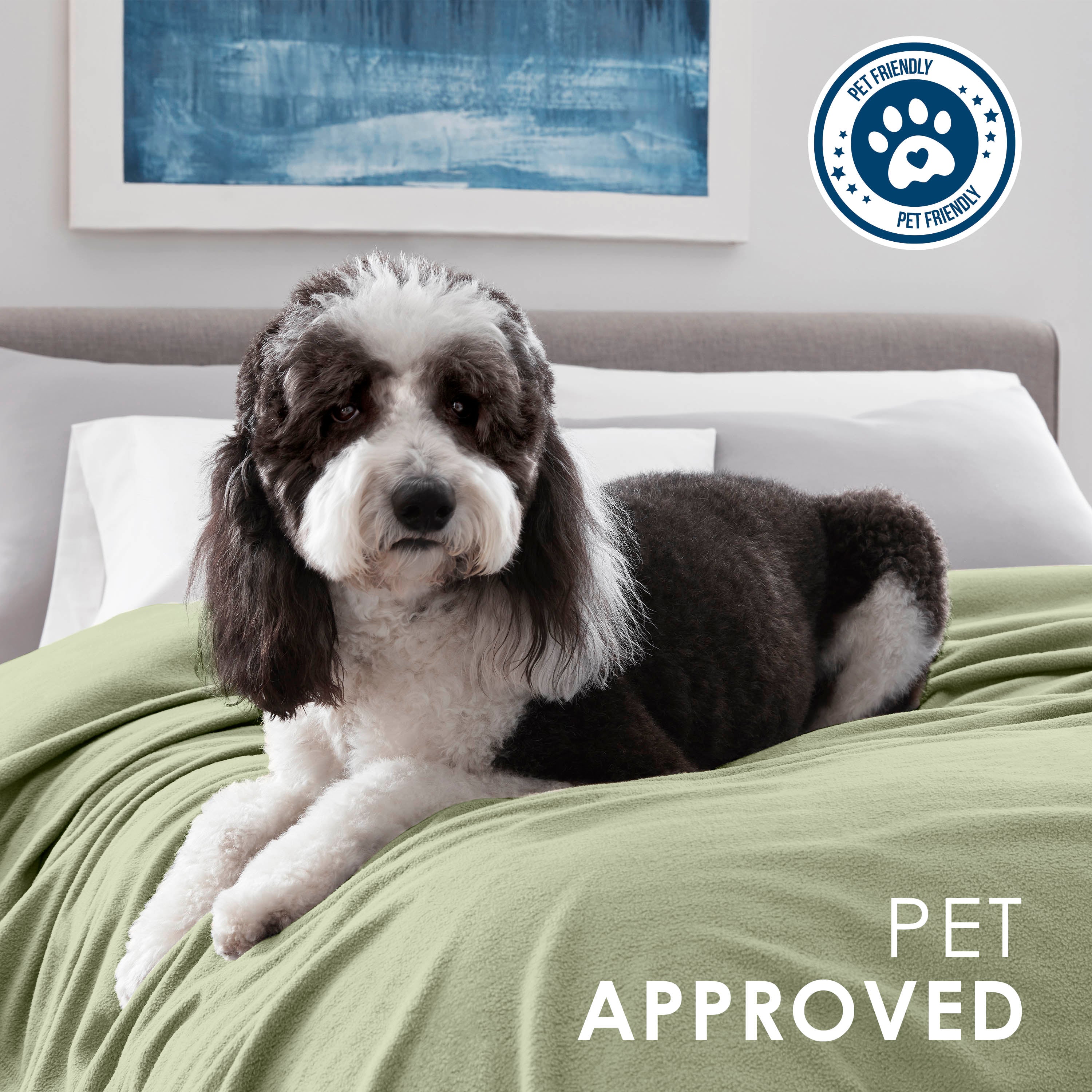A black and white dog lies on a green fleece blanket on a bed with white pillows and a blue abstract painting in the backgrou