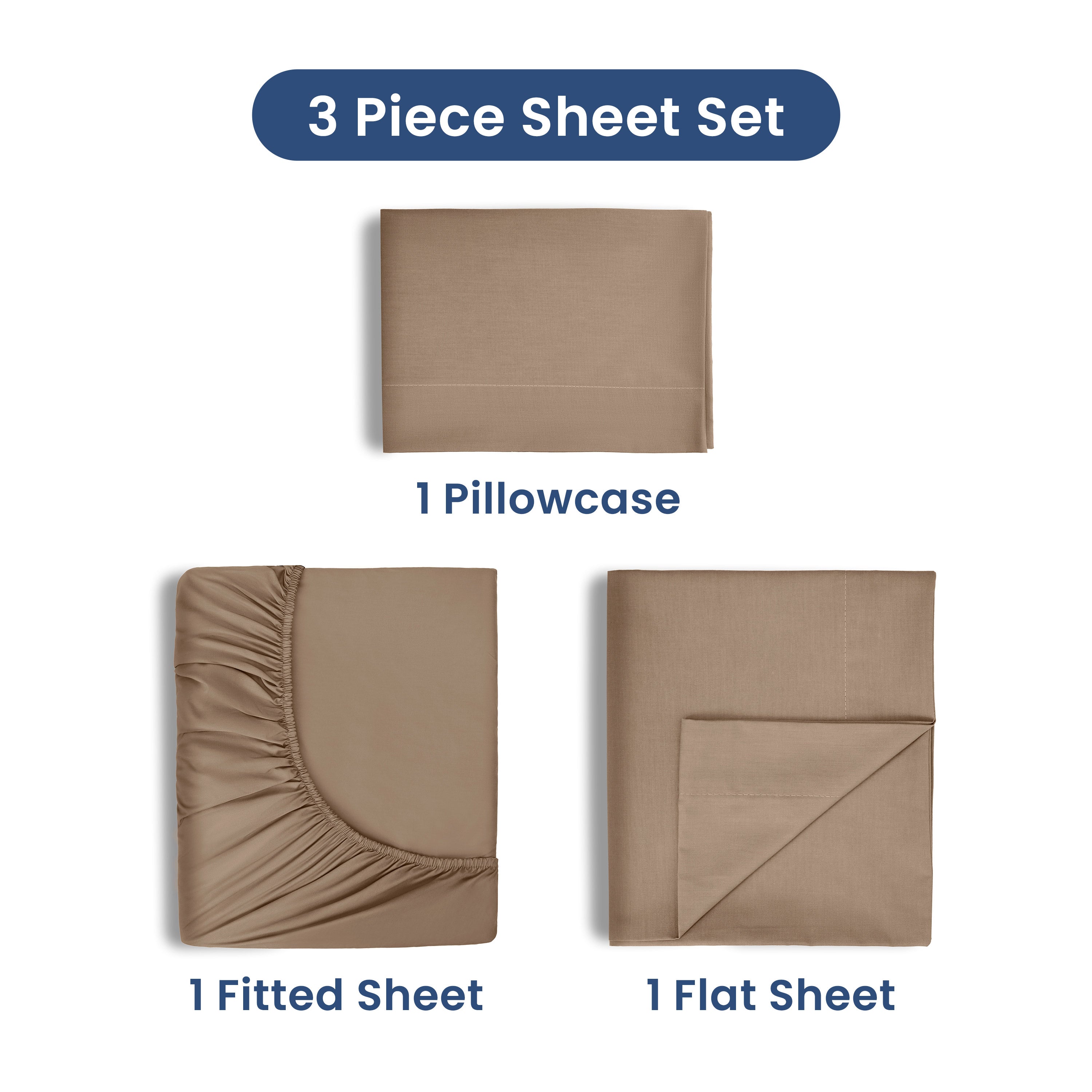 Three-piece sheet set includes one fitted sheet, one flat sheet, and one pillowcase in a neutral color.