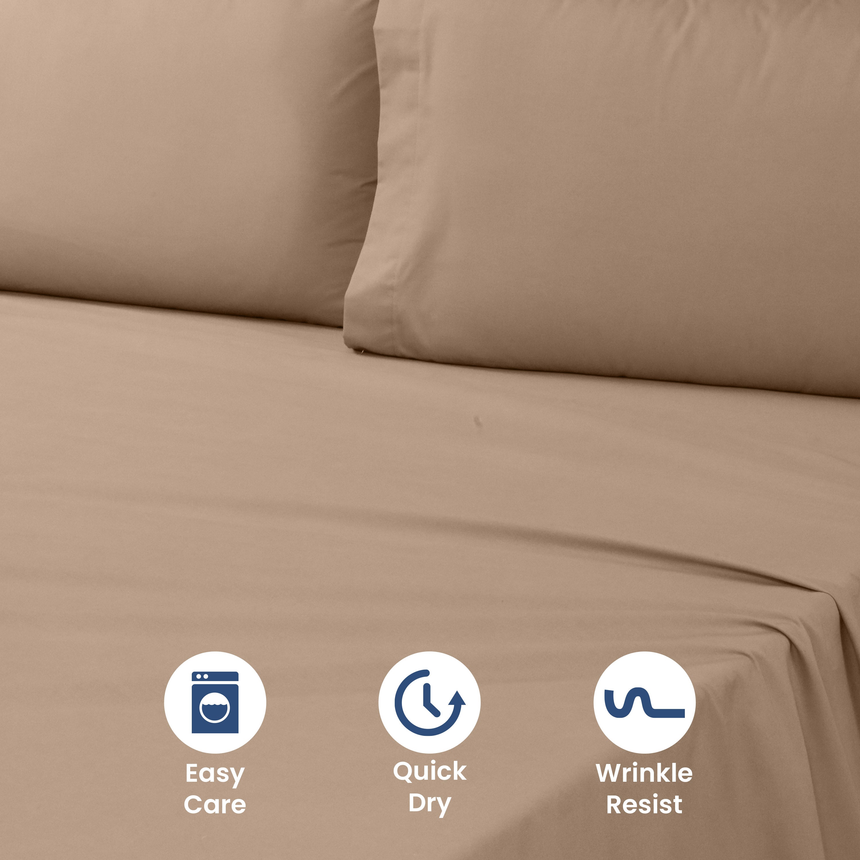 Tan sheet set with two matching pillowcases, featuring easy care, quick dry, and wrinkle-resistant properties.