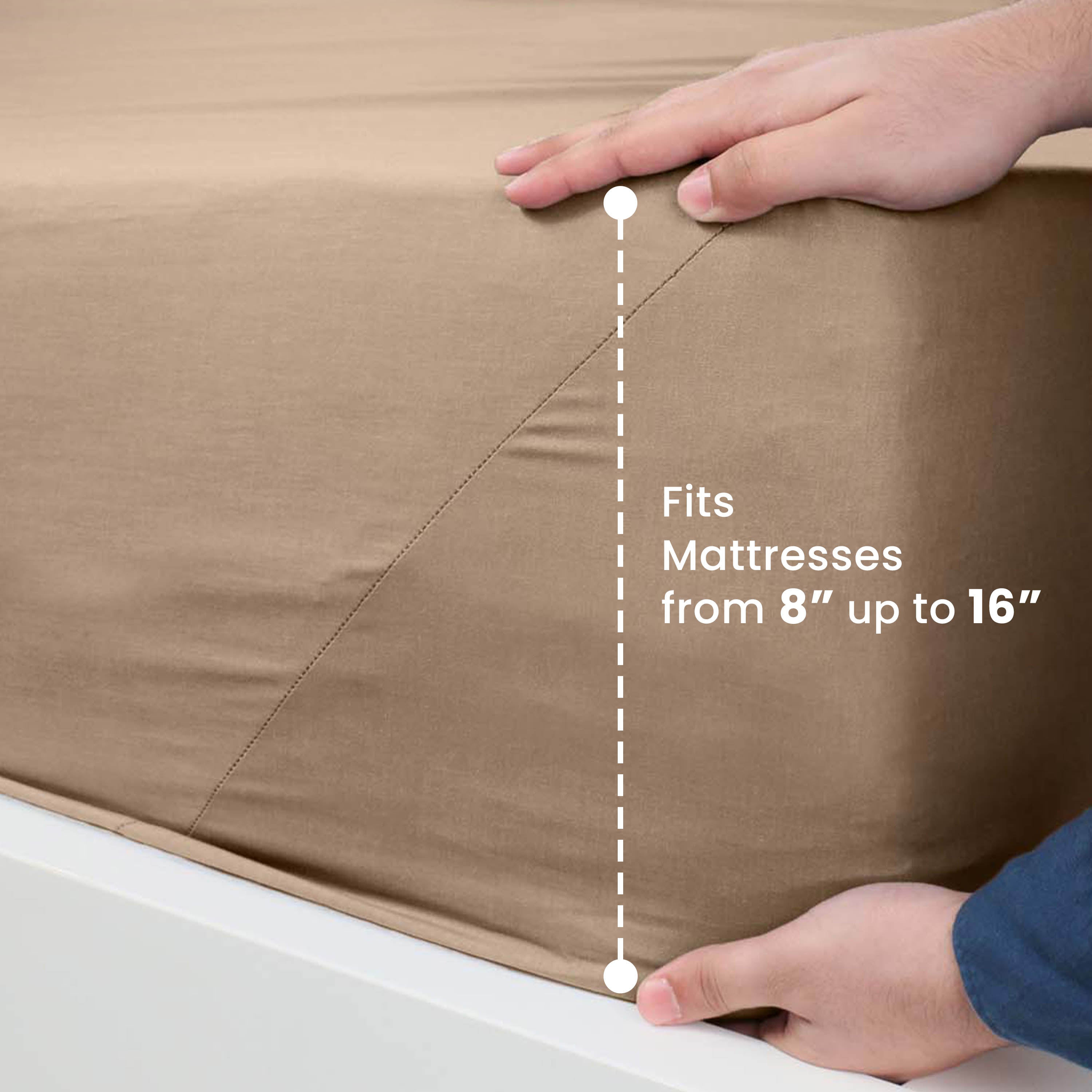 Close-up of a fitted sheet being placed on a mattress, showing its fit for mattresses from 8" to 16" thick.