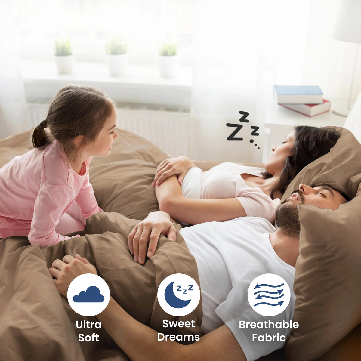 Parent sleeping on a beige bedding