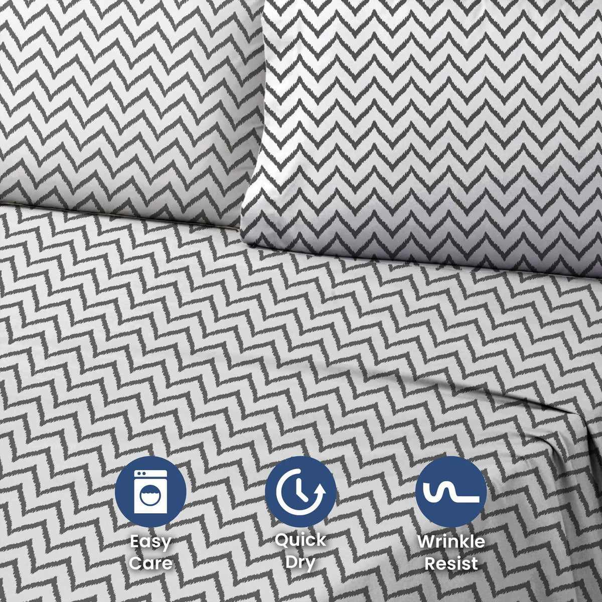 Chevron bed sheet set with three icons indicating easy care, quick dry, and wrinkle resist on a red background.