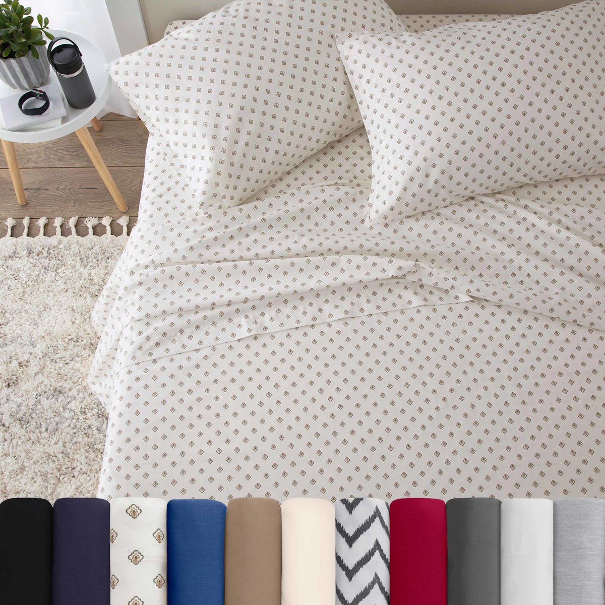 Neatly made bed with foulard white bedding in a bedroom setting.