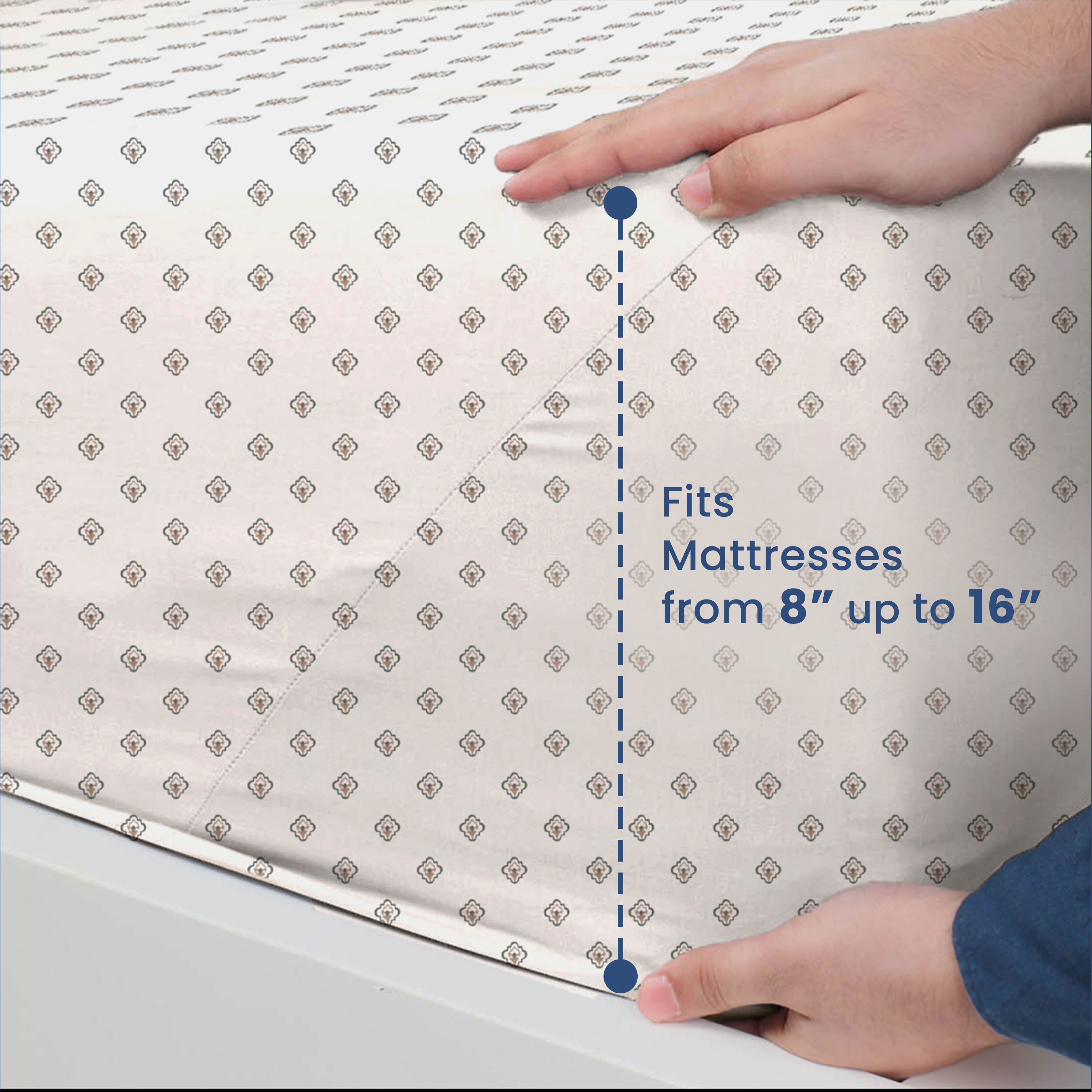Fitted sheet with a patterned design, shown being adjusted on a mattress, fits mattresses from 8" to 16" thick.