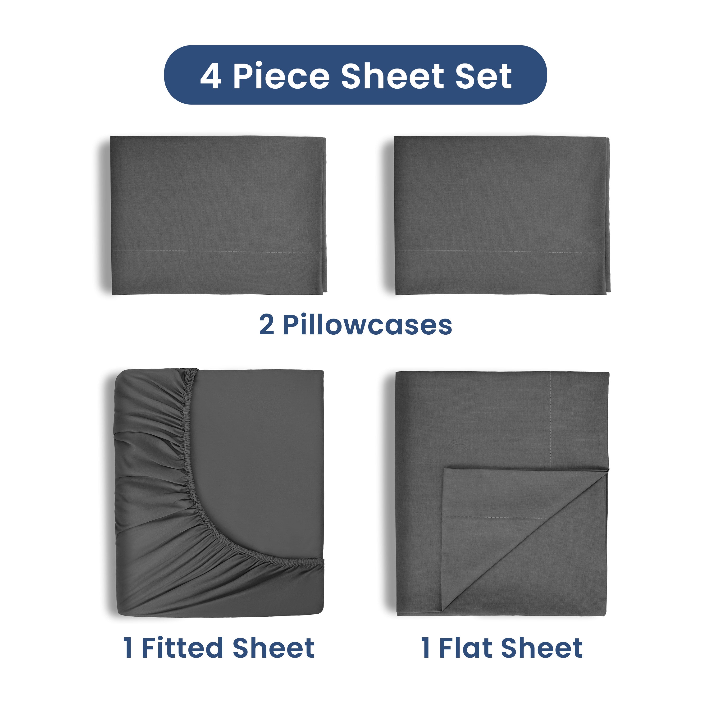 Four-piece sheet set in gray, including two pillowcases, one fitted sheet, and one flat sheet.